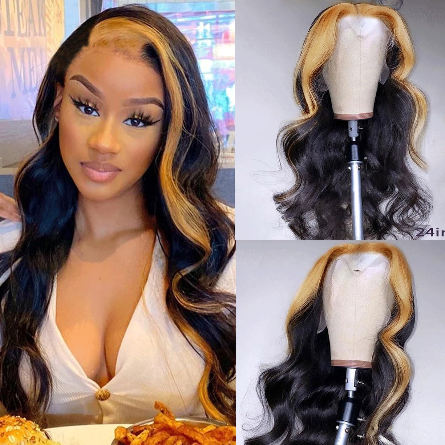 haha Honey Blonde Highlight Lace Front Wig Human Hair 1B/27 Black Light Brown Skunk Stripe Human Hair Wig Lace Front Pre Plucked 13x4 Glueless Body Wave Lace Frontal Wig 32 Inch 180% Density