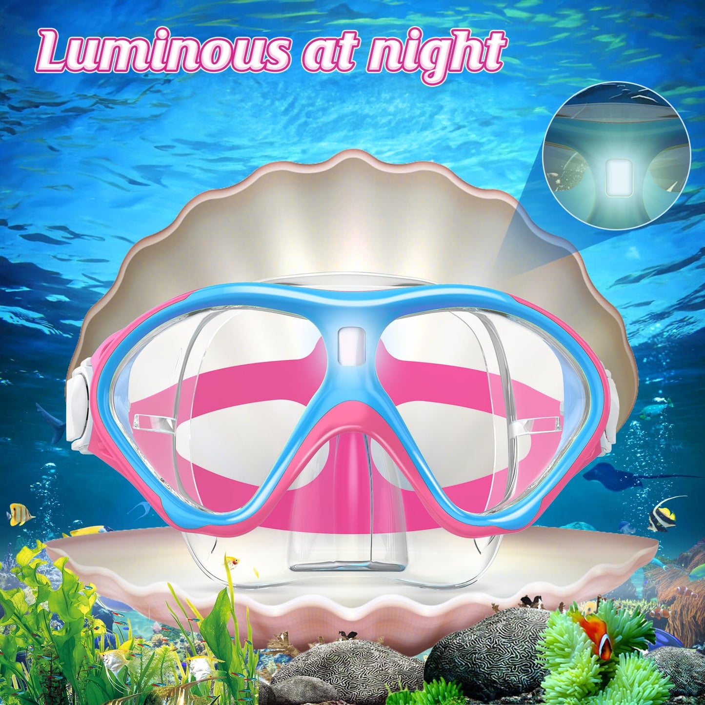 ACQCES Kids Swimming Goggles Snorkel Diving Mask for Boys Girls Ages 5-15, Luminous Anti-Fog Swim Goggles with Nose Cover