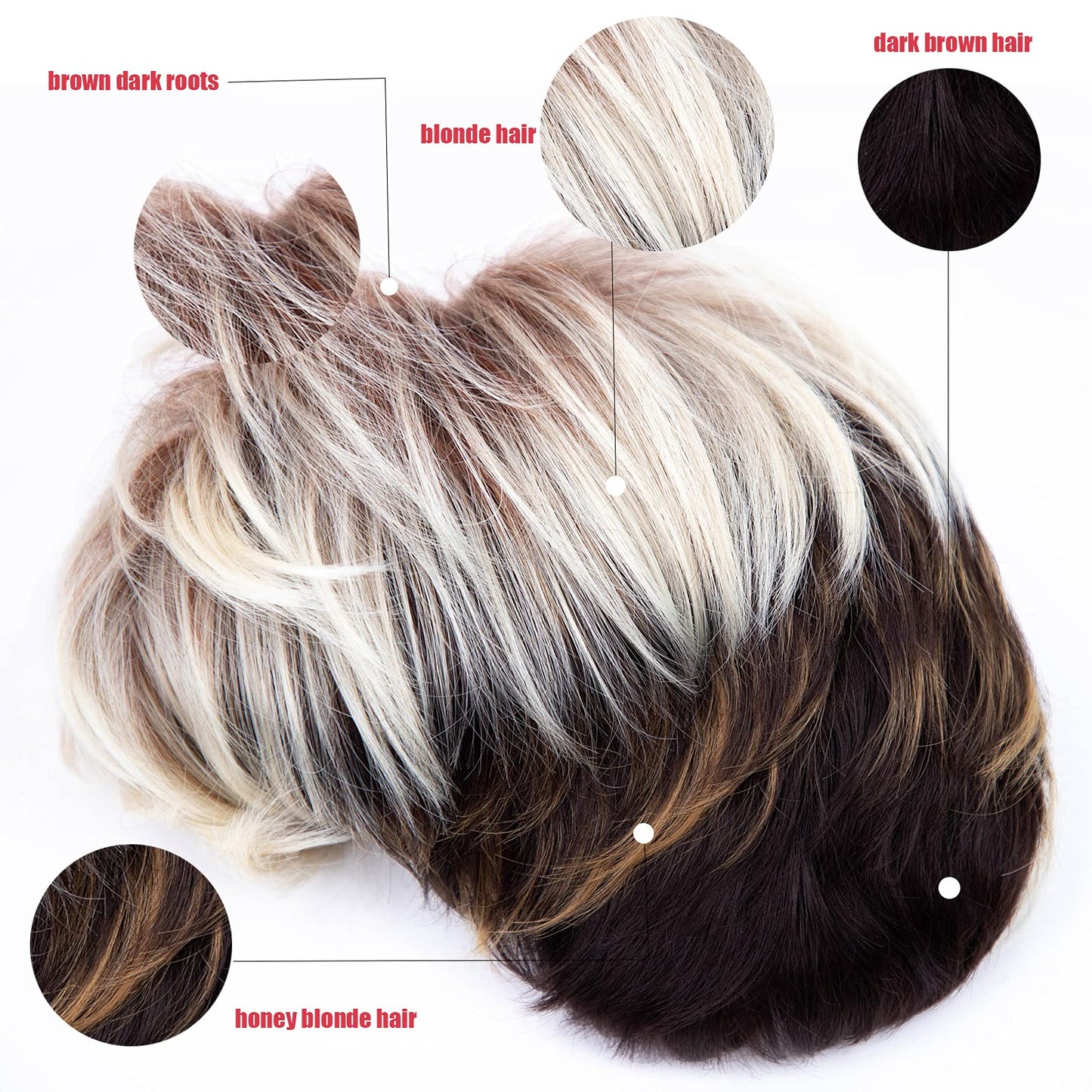 RENERSHOW Short Wigs for White Women Layered Brown Ombre Blonde Pixie Wig Synthetic Short Hair Wig with Bangs Mix Color Natural Looking Daily Party