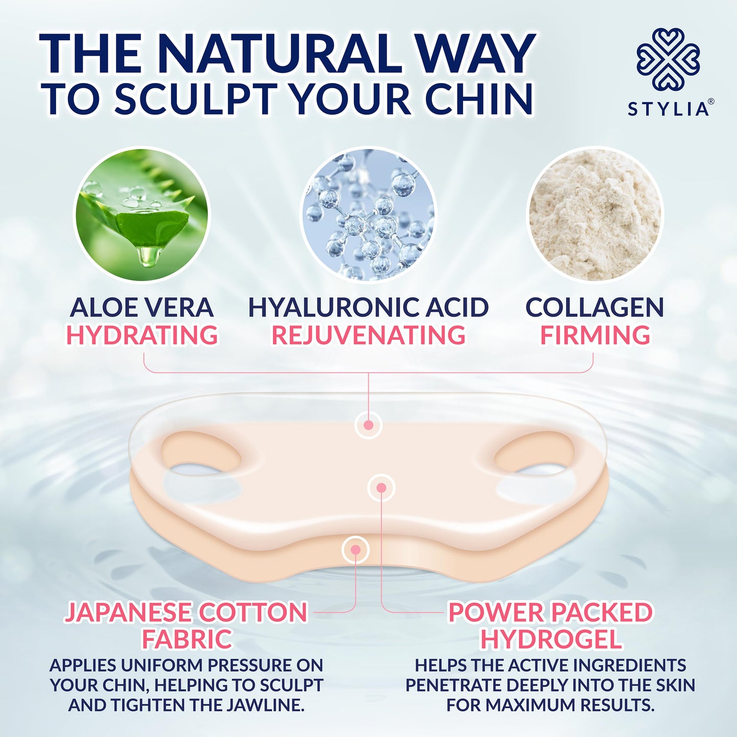Stylia V-Line Lifting Collagen Face Mask with Hyaluronic Acid & Aloe Vera - Spa Quality Double Chin Strap - Collagen Mask for Women - Jawline Shaper Face Lift Tape - Chin Strap for Sleeping - 7PC