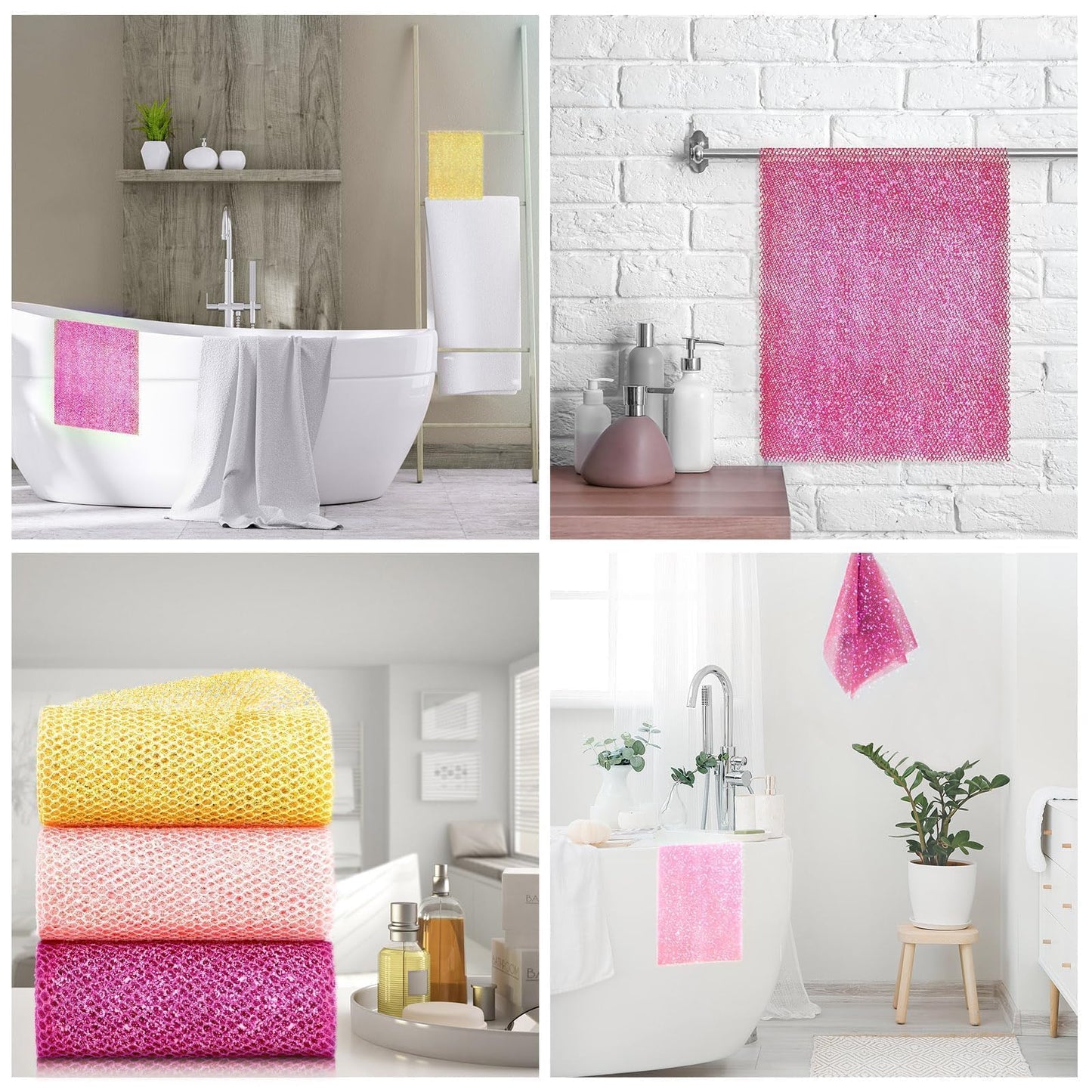 3 Piece Bright Style African exfoliating net Exfoliating Shower Set Long Bath Sponges for Smooth, Refreshed Skin, The Exterior Gleams - Ideal for Daily Use (Bright Yellow, Pink, Purple)