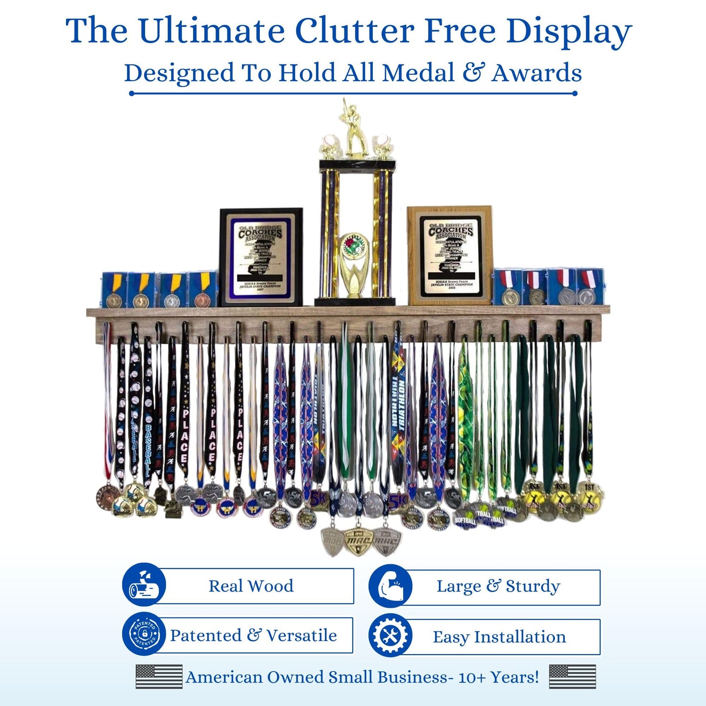 46.5"- Medal Awards Rack- The Largest Trophy Shelf and Medal Hanger Display - Multi-Sport Trophy and Medal Holder for Medal Display, Plaques, Pictures, Trophies, and More. Solid Wood
