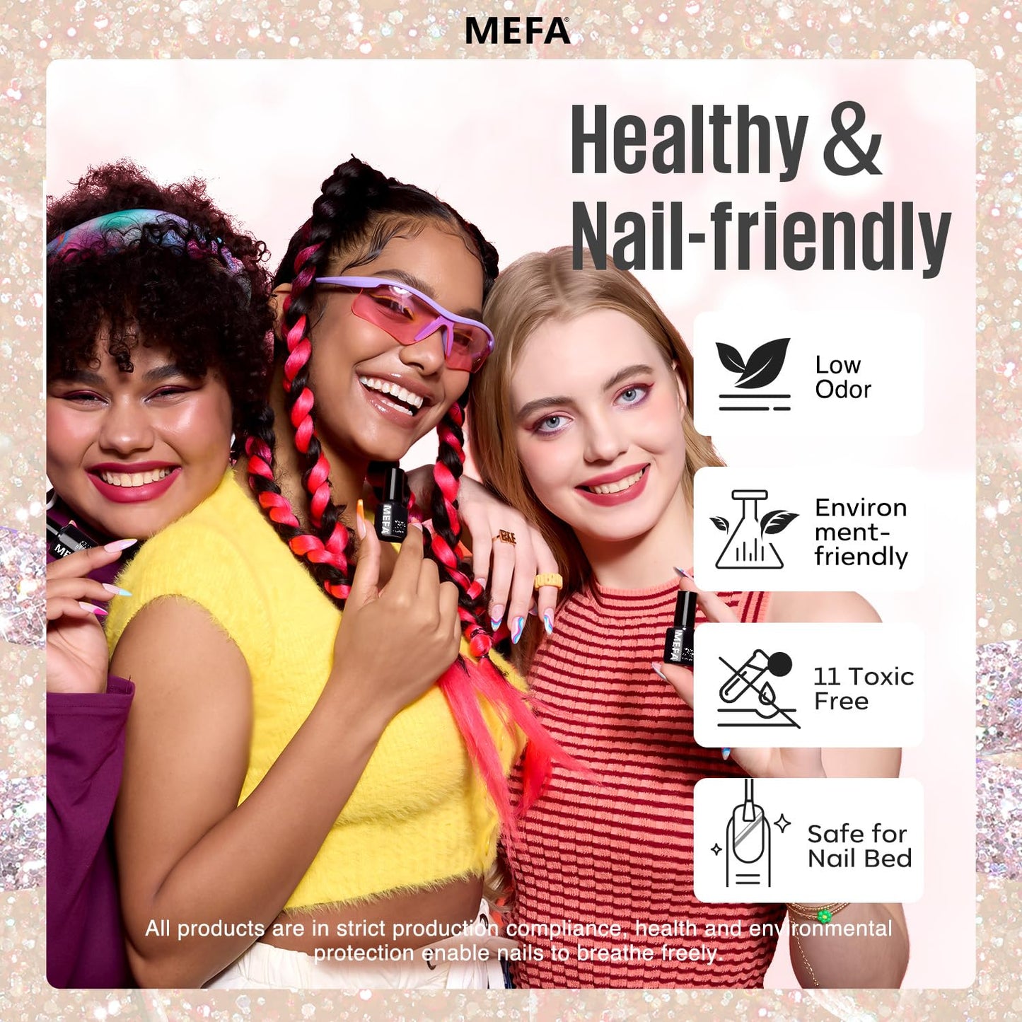 MEFA Glitter Nail Polish Set 6 Colors, Chrome Platinum Sparkly Shiny Black Silver Pink Champagne Turquoises Gel Polish Kit Soak Off Nail Art Design at Home DIY Manicure Kit Gifts for Women