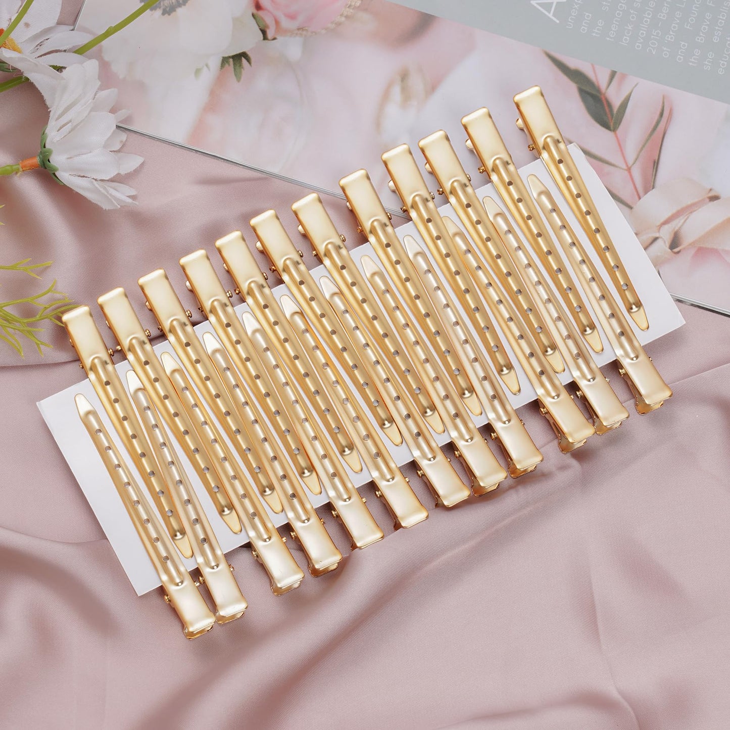 24 Packs Duck Bill Clips, Bantoye 3.35 Inches Rustproof Metal Alligator Curl Clips with Holes for Hair Styling, Hair Coloring, Matte Gold