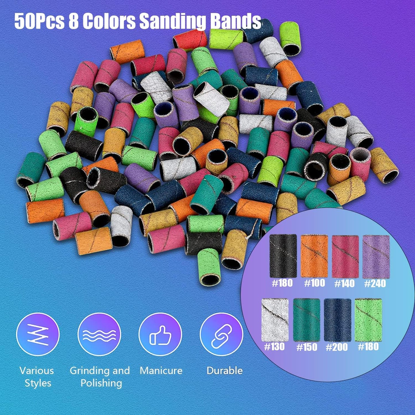 25Pcs Nail Drill Bits Set with Silver Holder and 50Pcs 8 Colors Sanding Bands, Tungsten Carbide Ceramic Diamond 3/32 inch Nail Drill Bits Remove Acrylic Poly Nail Gel Nail Polish