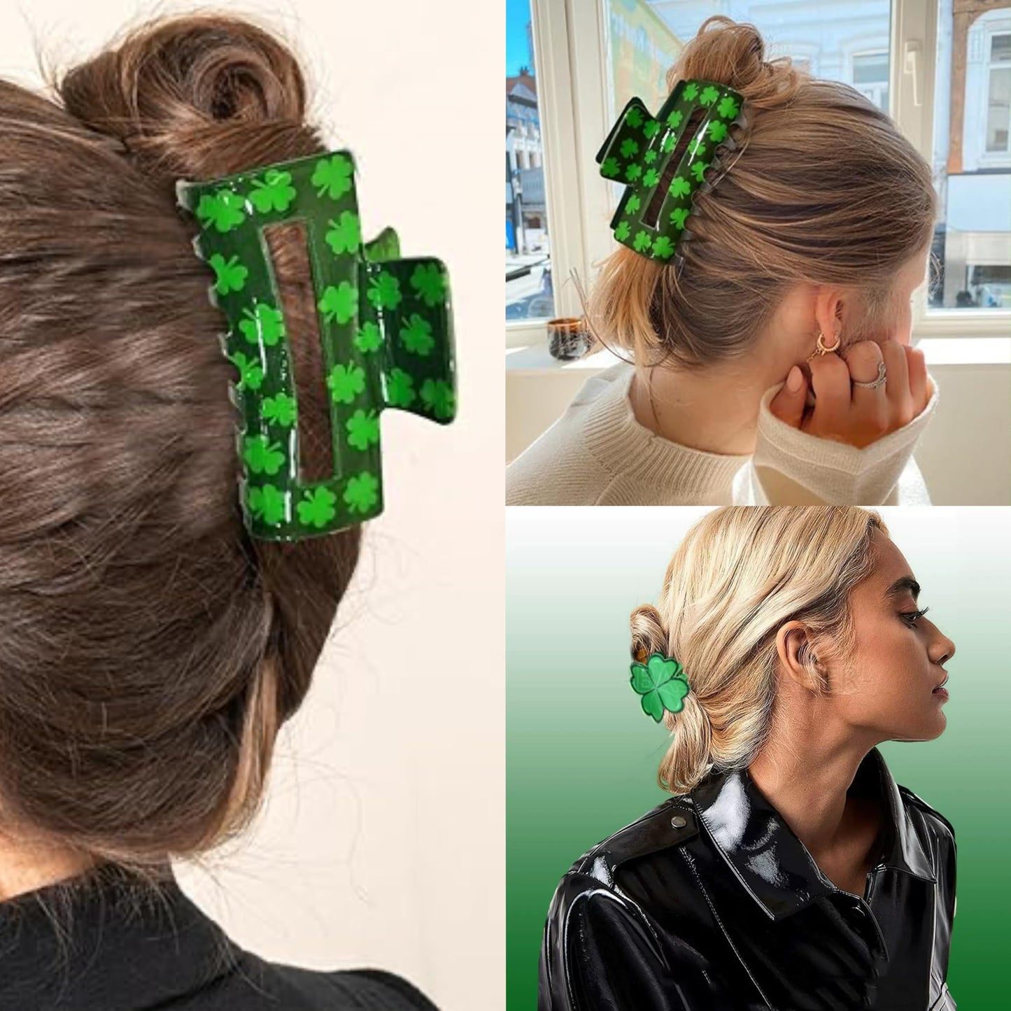 2pack St. Patrick's Day Green Shamrock Hair Claw Clips for Women Girls,Irish Lucky Clover Hair Jaw Barrettes,Holiday Party Favor Gift Decor Accessories