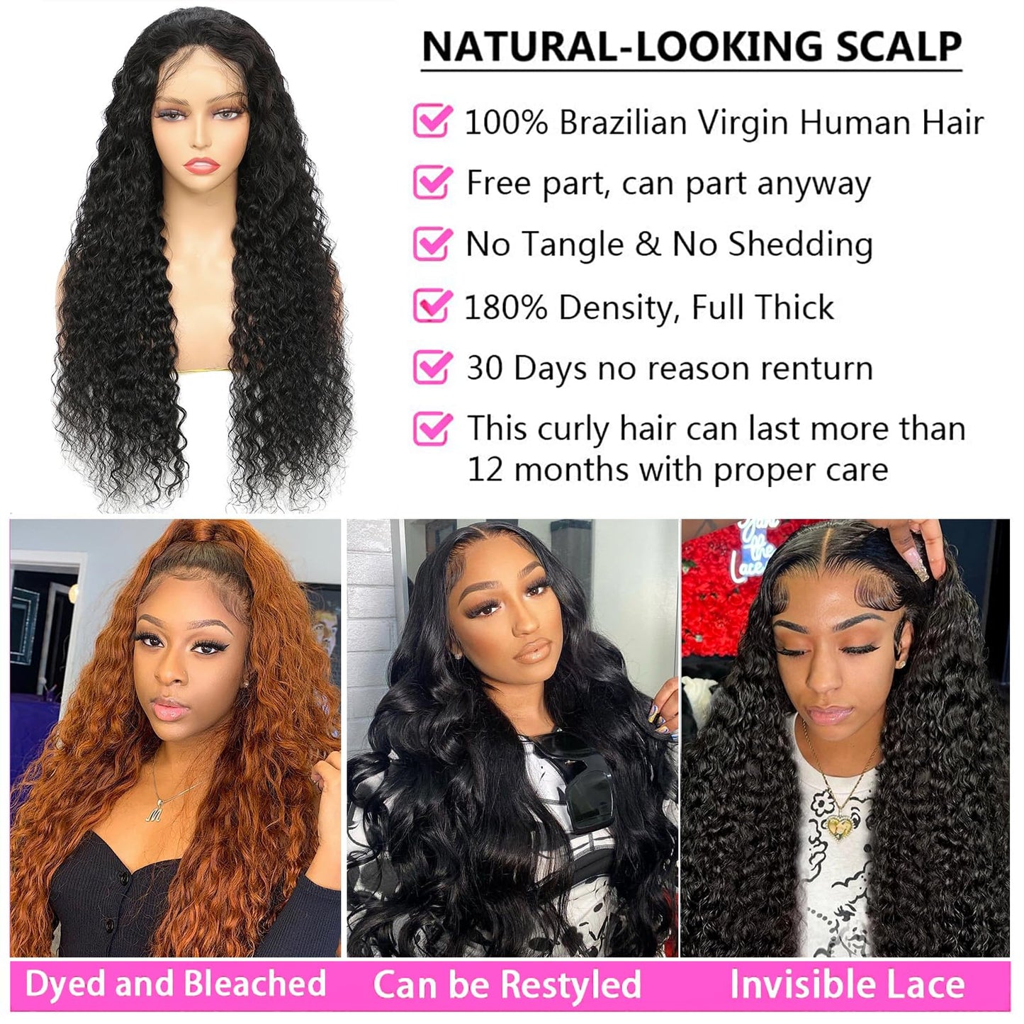 GYAJEP 13x6 HD Trasparent Lace Front Wigs Human Hair 180% Density Water Wave Wig Glueless Lace Frontal Wigs for Women Human Hair Pre Plucked with Baby Hair Wet and Wavy Wig (24 inch)