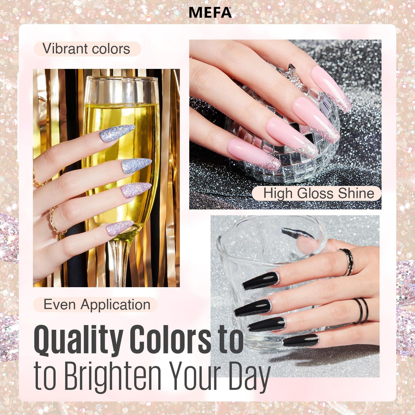 MEFA Glitter Nail Polish Set 6 Colors, Chrome Platinum Sparkly Shiny Black Silver Pink Champagne Turquoises Gel Polish Kit Soak Off Nail Art Design at Home DIY Manicure Kit Gifts for Women
