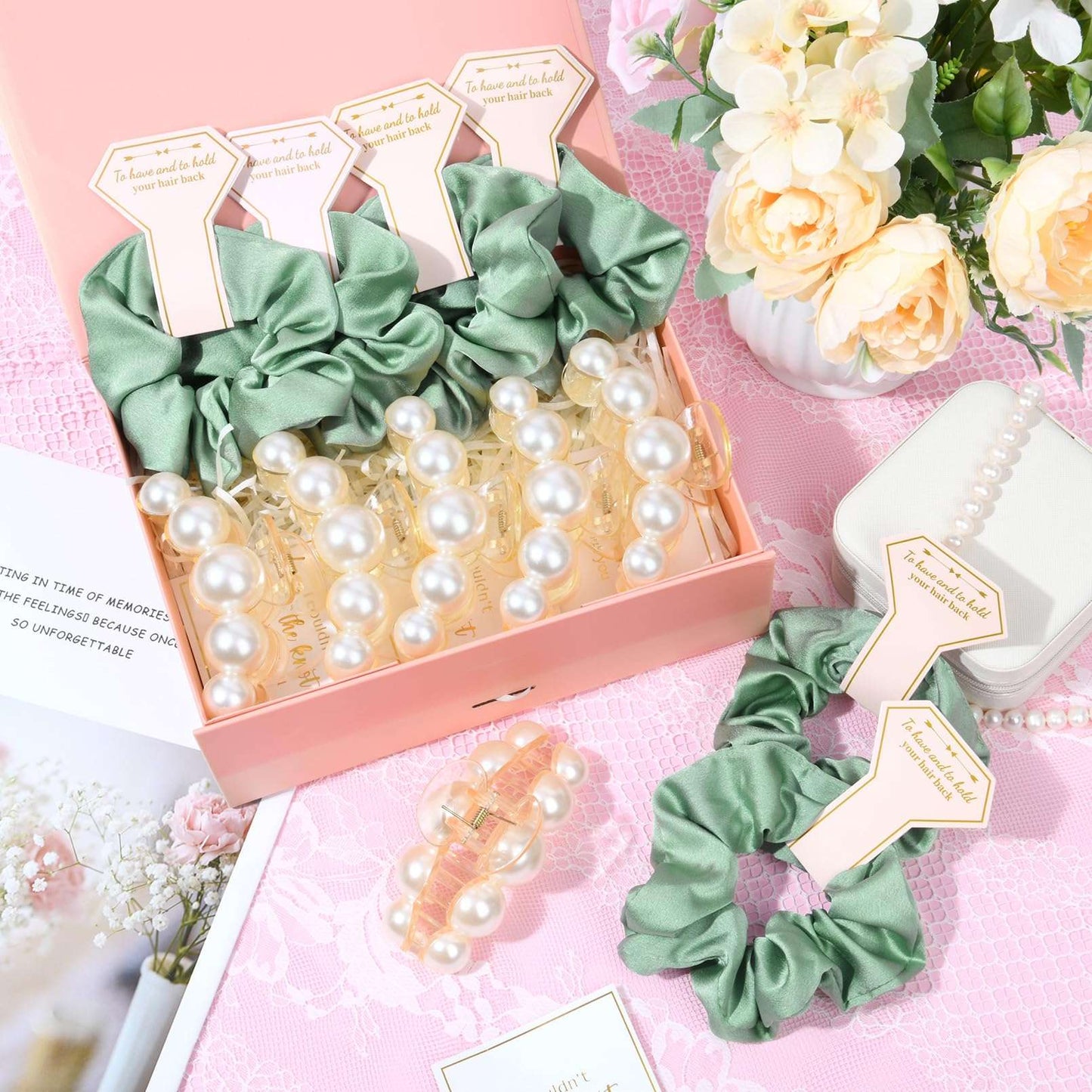 12 Pcs Bridesmaid Proposal Gifts Bridesmaid Pear Hair Claw Clips Hair Scrunchies Bridal Shower Gifts Bachelorette Party Wedding Favors Present Hair Accessories for Women (Green Series)