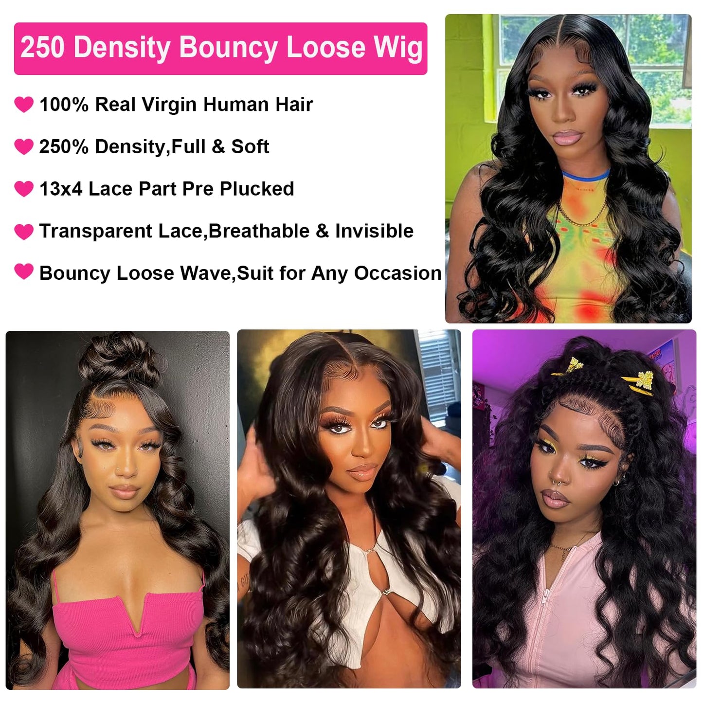 250 Density HD Lace Front Wigs Human Hair Loose Wave 13x4 Lace Front Wigs Human Hair Glueless Transparent Bouncy Body Wave Lace Frontal Wigs For Black Women Pre Plucked with Baby Hair 22 Inch