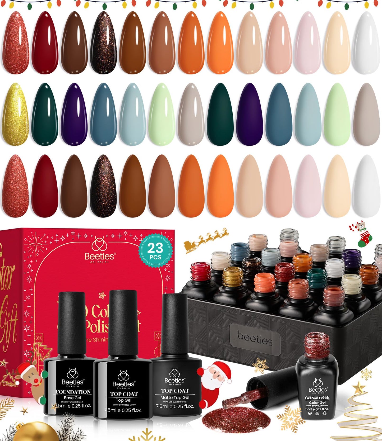 Beetles 23Pcs Gel Nail Polish Kit with Base Gel Top Coat Reason and Romance Collection Orange Brown Burgundy Red Gray Golden Soak off UV Nail Lamp Valentine's Day Gift for Women