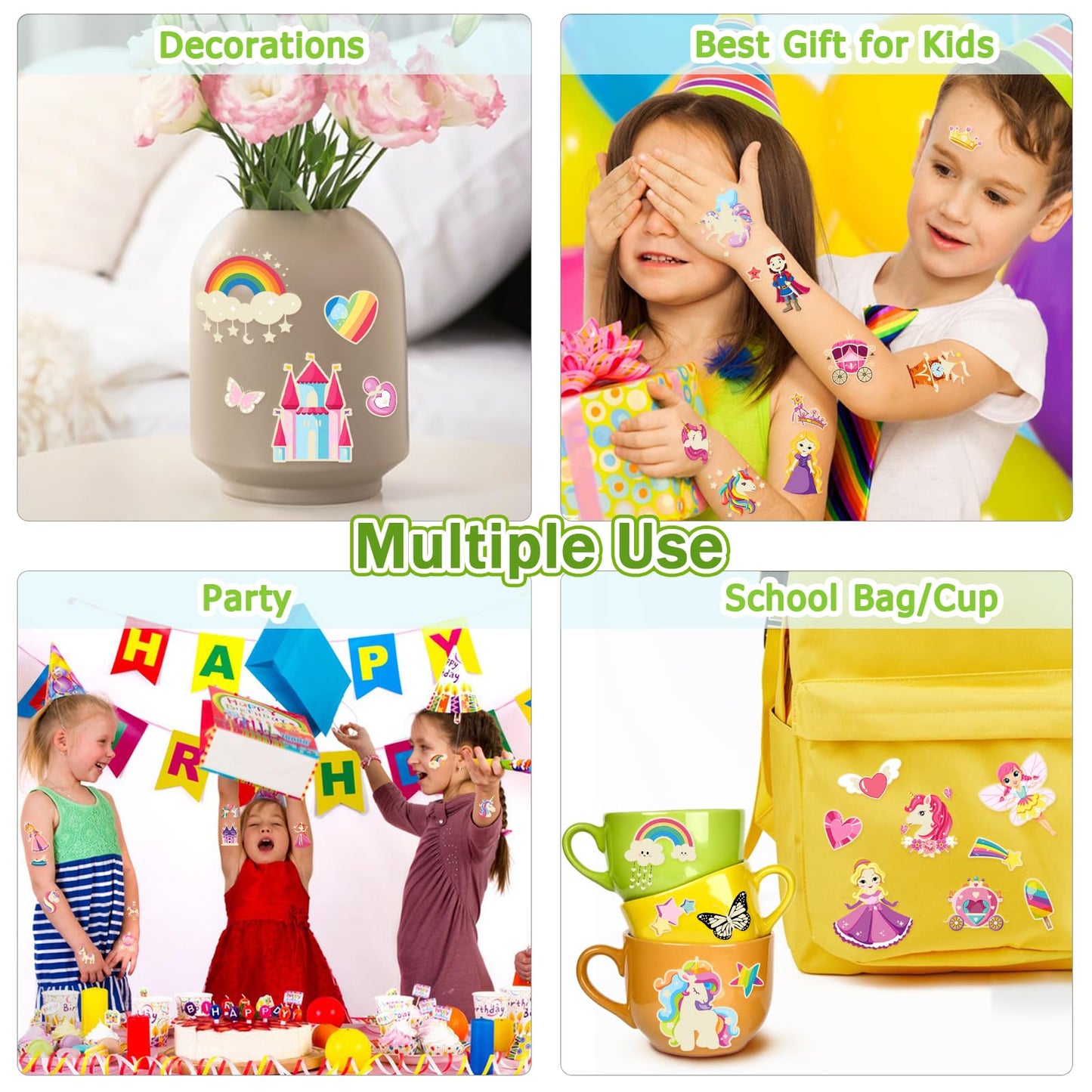 252+ PCS Glow Princess Temporary Tattoo for Kids, 36 Sheets Rainbow Castle Candy Star Prince Fake Tattoos Sticker for Girls Boys, Luminous Birthday Magic Fairy Theme Party Favors Decoration