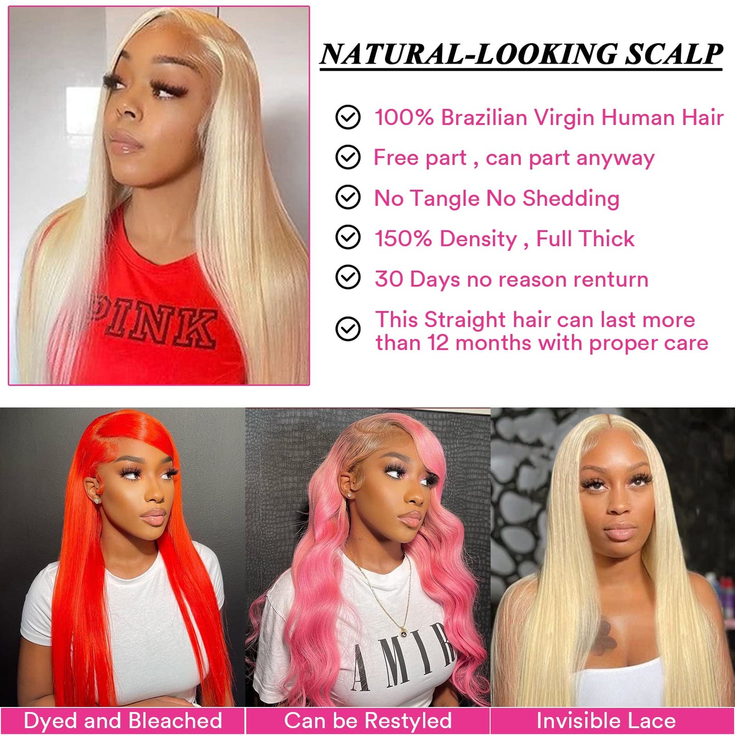 613 Blonde Lace Front Wig Human Hair 13x4 Lace Frontal Straight Wig Human Hair Pre Plucked with Baby Hair 180% Density Transparent Lace Frontal Straight Wigs for Woman with Natural Line(22Inch)