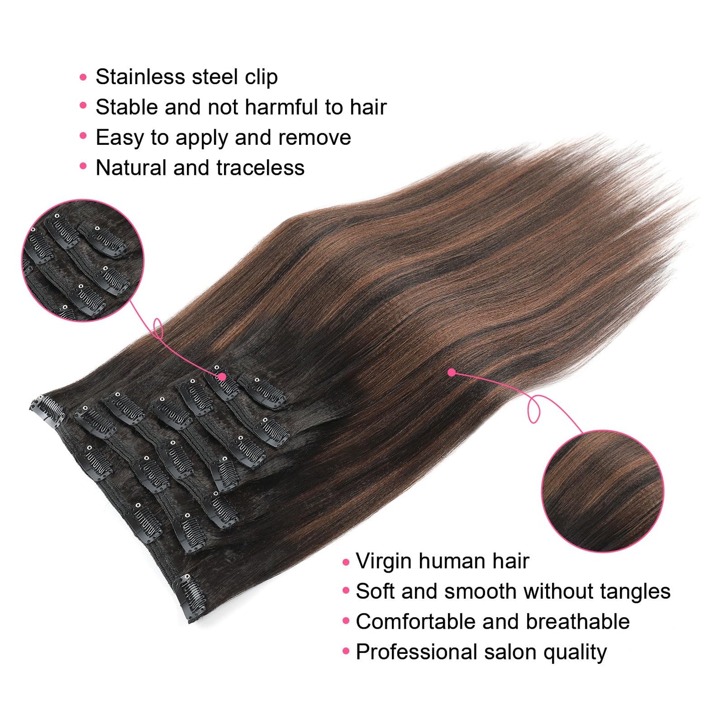 ABH AMAZINGBEAUTY HAIR Yaki Straight Clip in Hair Extensions Real Human Hair Rooted Black Piano Natural Black #1B Mixed With Chocolate Brown #4 Two Tone Light Yaki Clip ins for Black Women 18inch 120G
