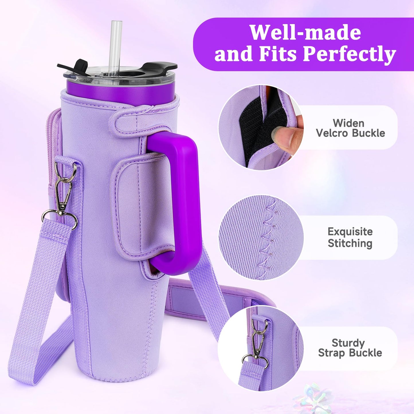 Water Bottle Carrier Bag with Phone Pocket Compatible with Stanley/Meoky 40 oz Tumbler with Handle,Neoprene Water Bottle Holder Pouch with Adjustable Strap Compatible with Stanley Cup Accessories