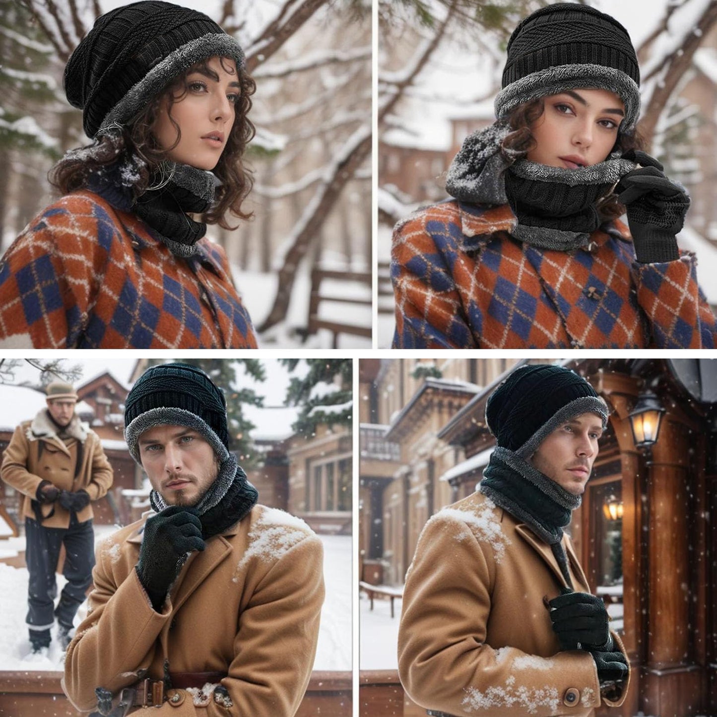 6 Pieces Winter Beanie Hat Scarf Gloves Set for Men Women,Knitted Skull Cap Winter Hat Touchscreen Gloves Neck Warmer for Cold Weather