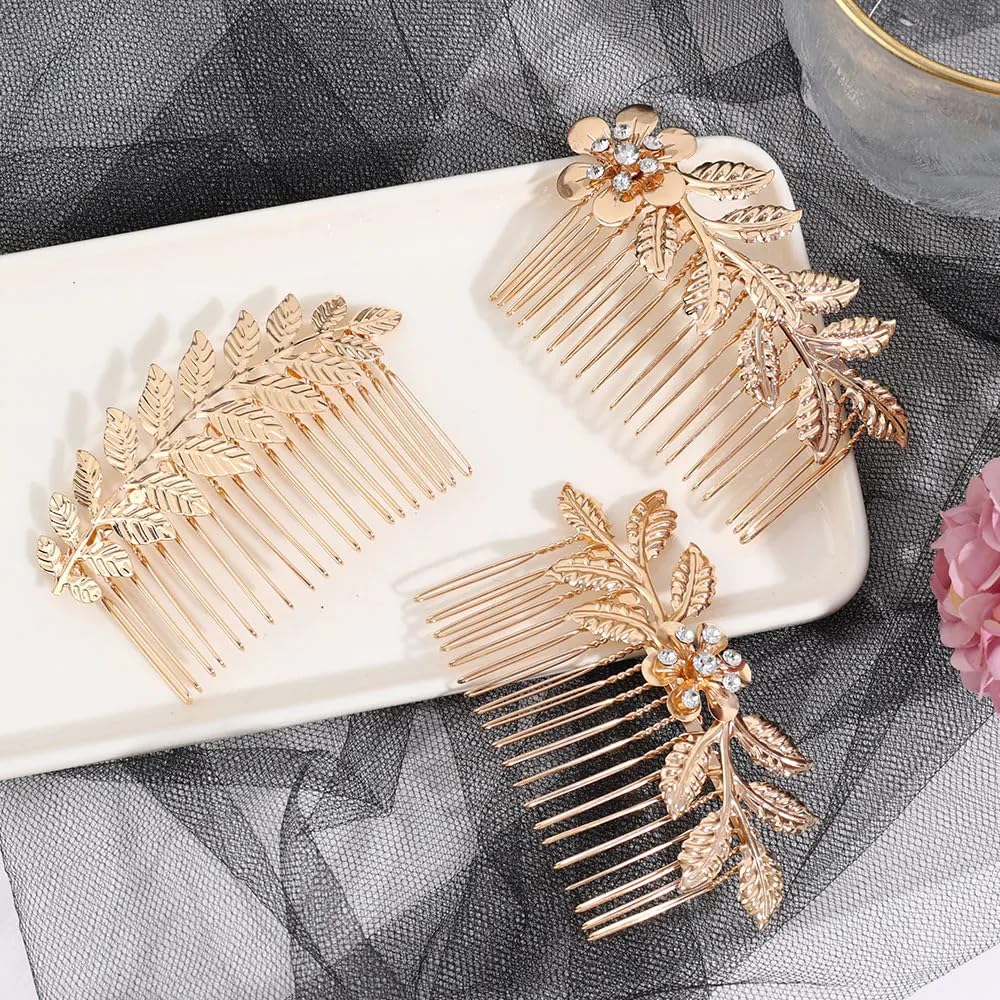 8 Pack Leaf Hair Side Combs for Women Girl, Bridal Metal Decorative Hair Comb Clips, French Twist Hair Slide Comb for Wedding Hair Accessories(Gold, Silver)