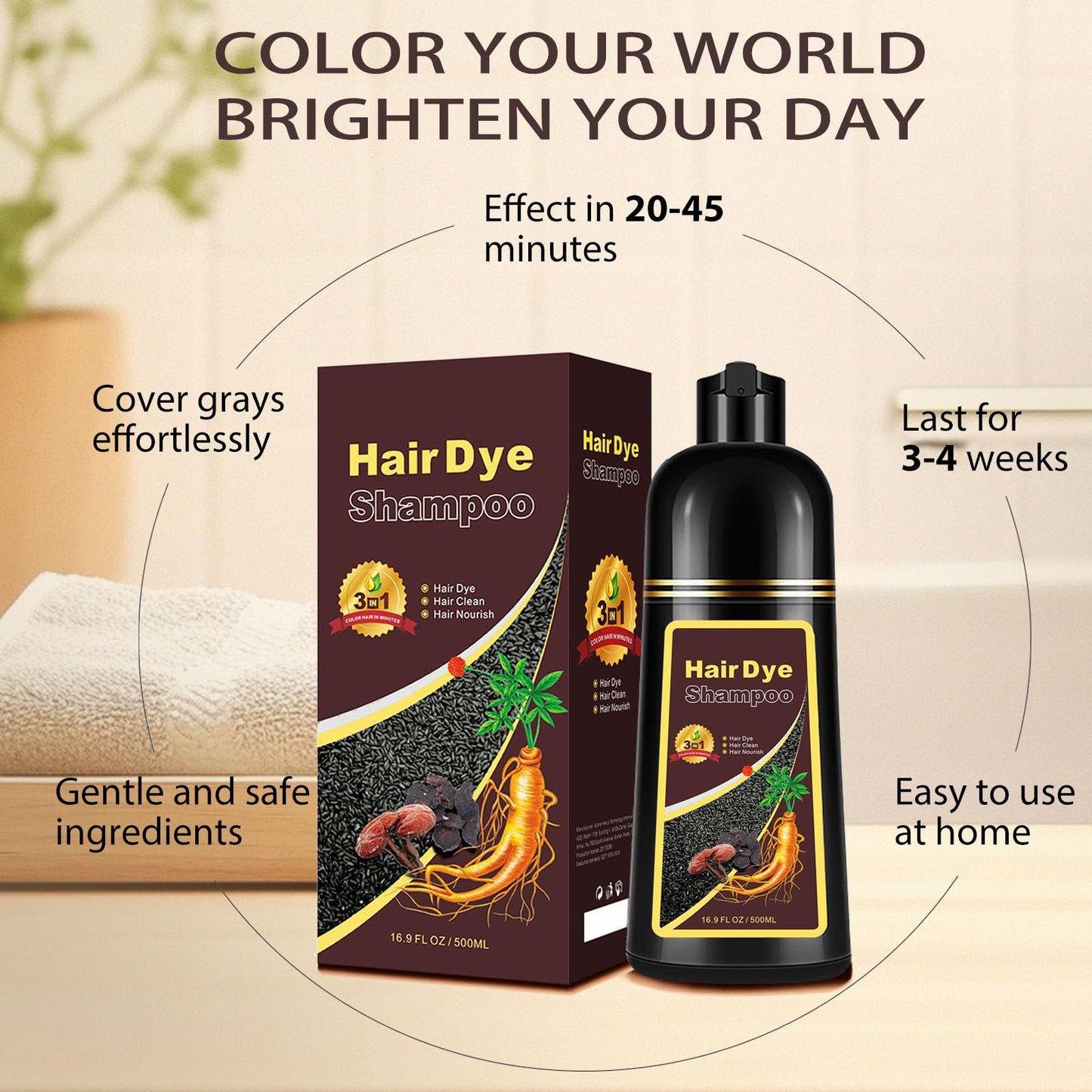 Hair Dye Shampoo 3 in 1, Long-Lasting Hair Color Shampoo with Herbal Ingredients, Instant Magic Hair Dye, Easy Application Shampoo Para Canas for Women Men 16.9 Fl Oz (Cherry Brown)