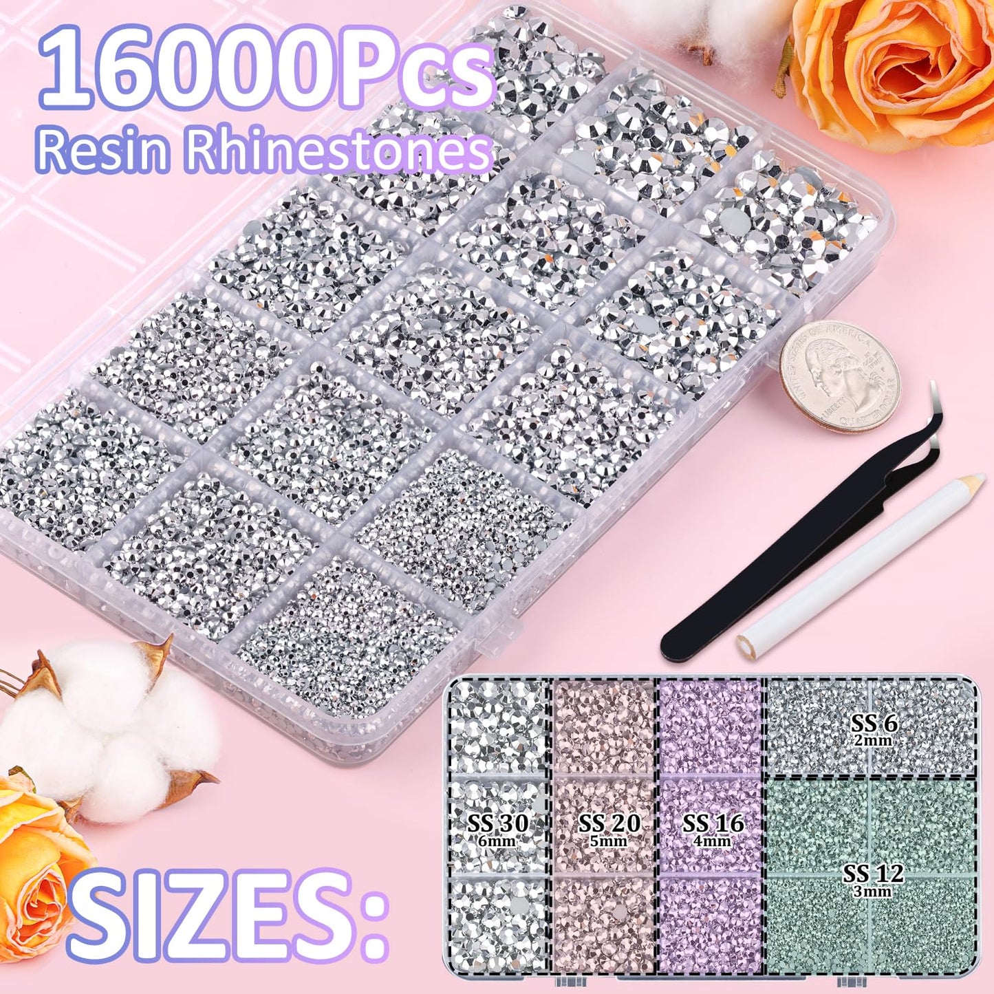 16000Pcs Resin Rhinestones with Tweezers for Crafting, Silver 2-6mm Mixed Sizes Bedazzling Crystal with 3Pcs 10ml B7000 Jewelry Glue for DIY Crafts Clothing Tumblers Shoes Fabric Nail Art