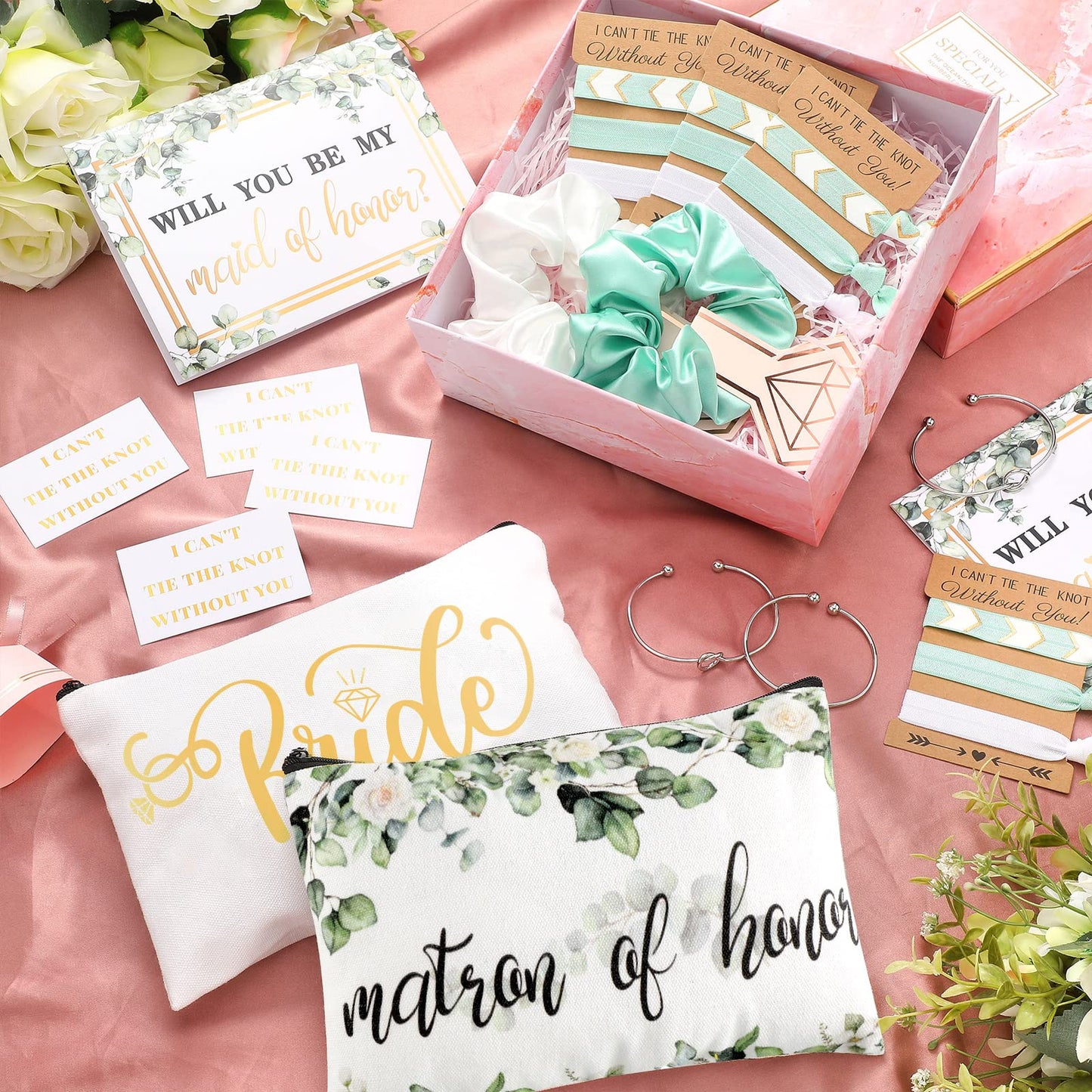 63 Pcs Bride Bridesmaid Proposal Gift Maid of Honor Gifts Matron of Honor Gifts Brides Bridesmaid Cosmetic Makeup Bag Hair Knotted Bracelets Invitation Cards for Wedding Bachelorette (Leaves Style)