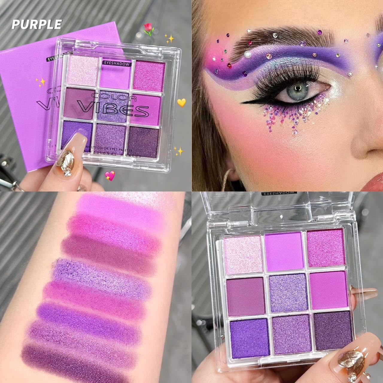 9 Colors Eyeshadow Palette - Purple Eyeshadow Theme, High Pigmented Blendable Matte & Glitter Shimmer Finishes, 24-Hour Long Lasting Eye Makeup for Christmas & Music Festivals(Purple)