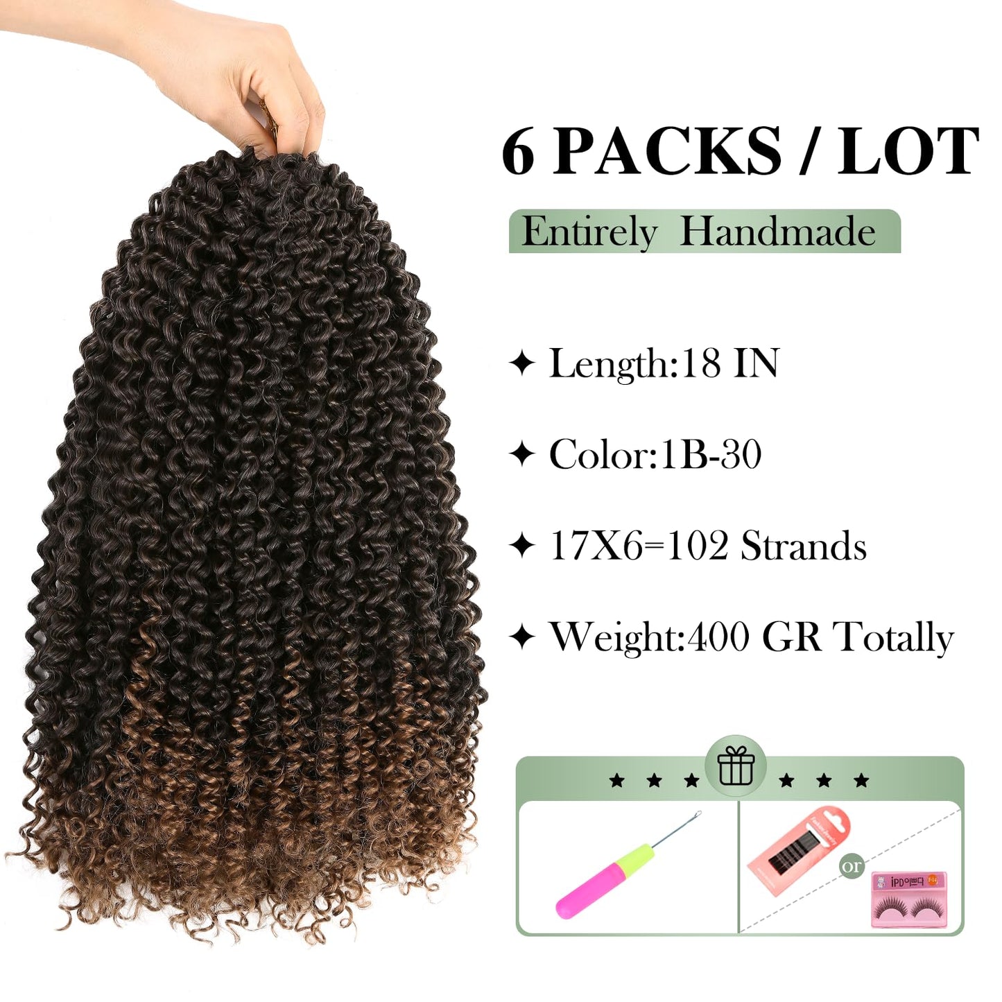 WIGER Kinky Curly Braiding Hair Marlybob Crochet Hair Ombre Brown Jerry Curly Passion Twist Hair 18 Inches Long Curly Crochet Braids for Women Synthetic Kinky Twisted Hair Extensions (6 Packs, 1B/30)