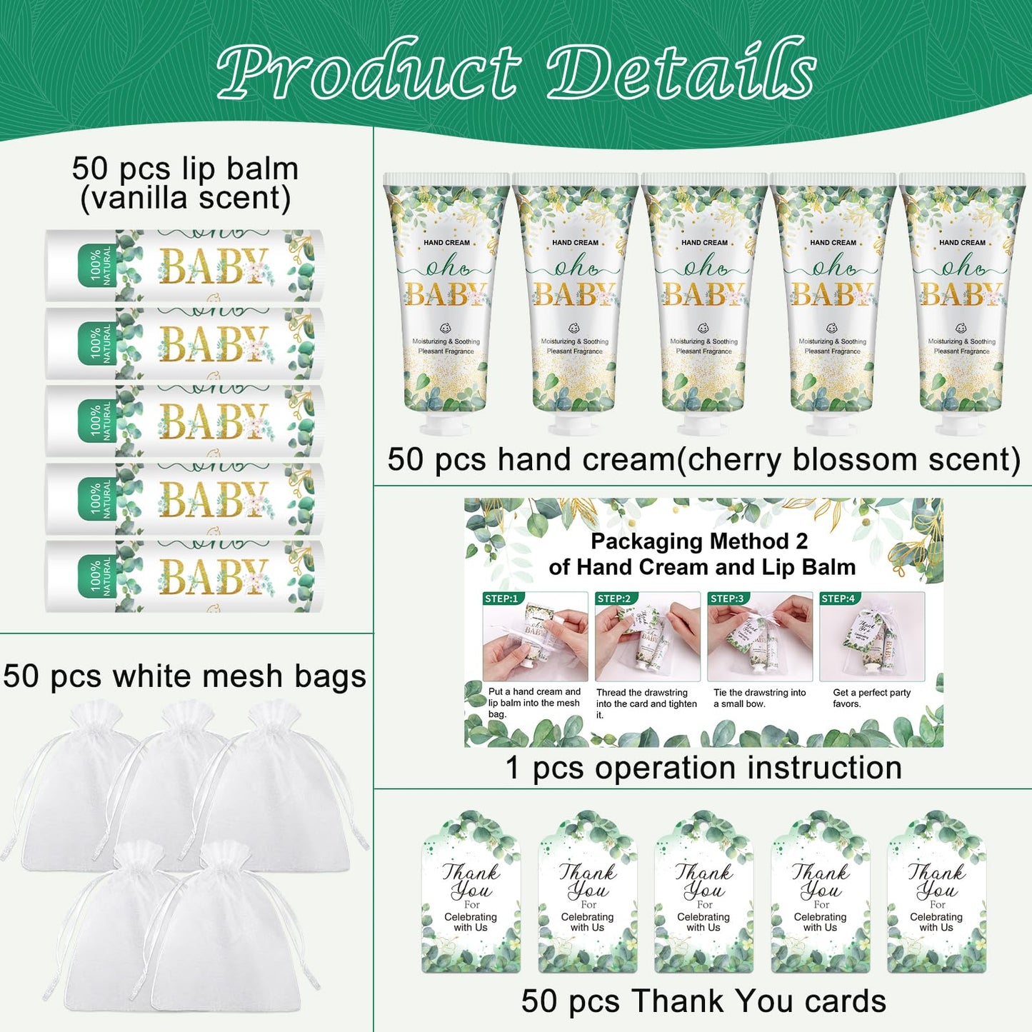 50 Pack Hand Cream Bulk and Lip Balm Bulk Gifts Sets, Baby Shower Favors and Bridal Shower Favors for Guests with Thank You Card and Organza Gift Bags, Thank You Gifts for Women (Oh Baby)