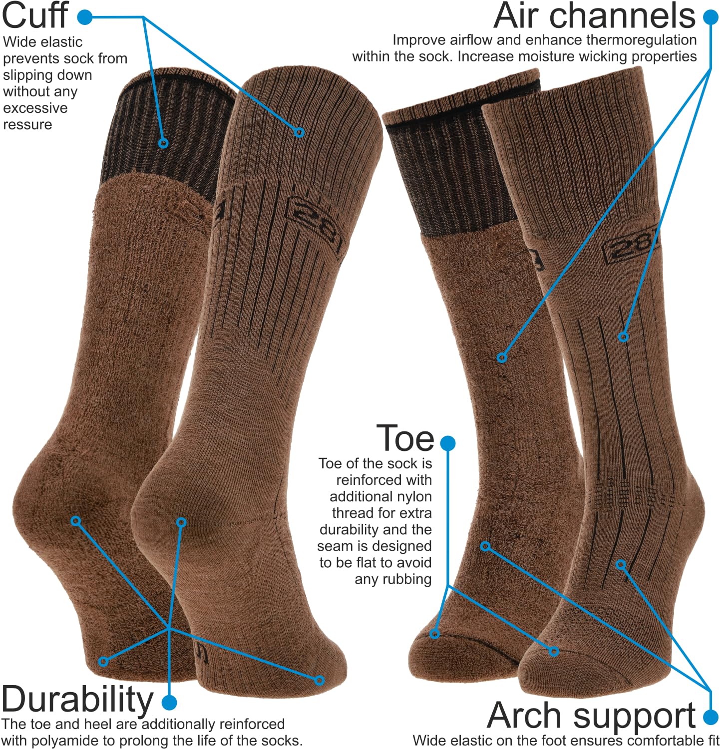 281Z Military Winter Cushioned Mid-Calf Wool Boot Socks - Tactical Trekking Hiking Outdoor Hunting (Coyote Brown, Large 4 Pairs Pack)