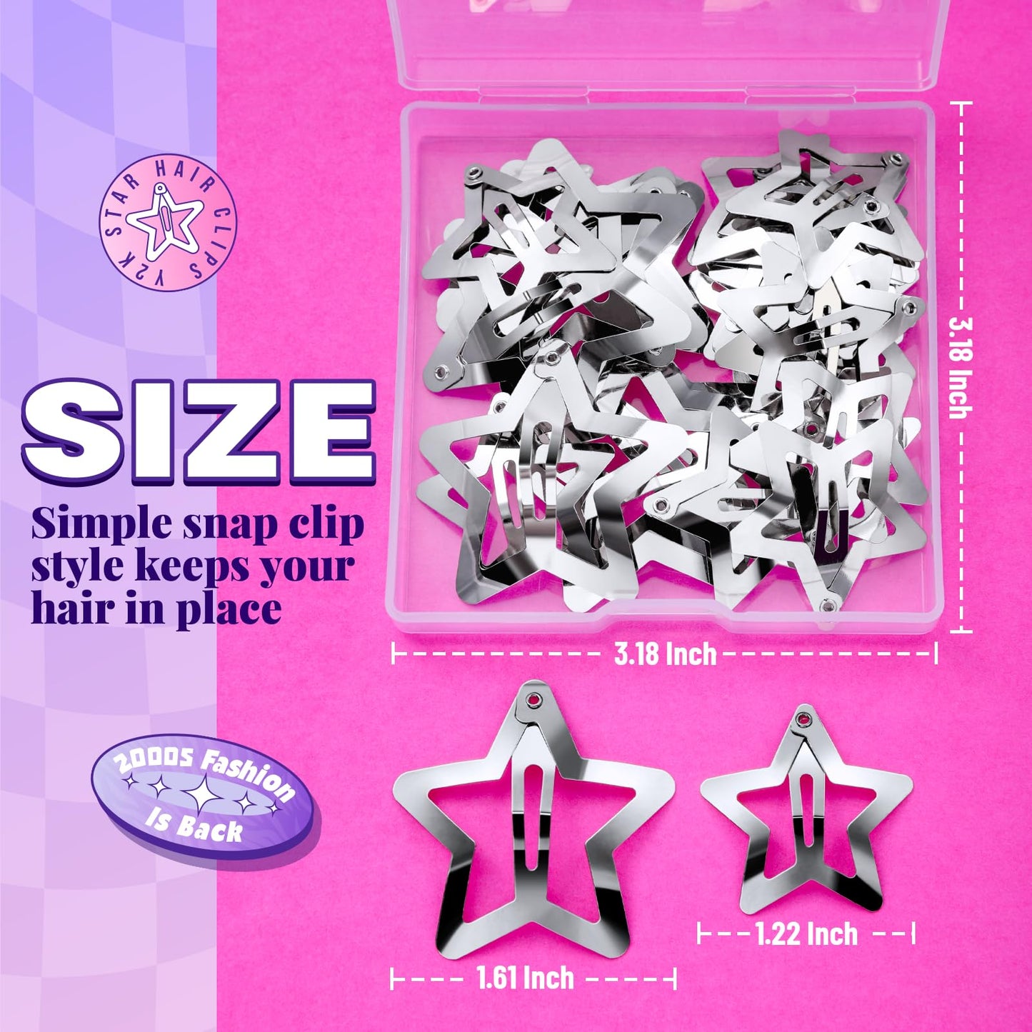 YGDZ Star Hair Clips and Barrettes Set - 20 pcs 1.22" Y2K Hair Accessories, 10 pcs 1.61" Silver Clips for Girls Women, Rave Accessories, Non-Slip Metal Snap Hair Clips