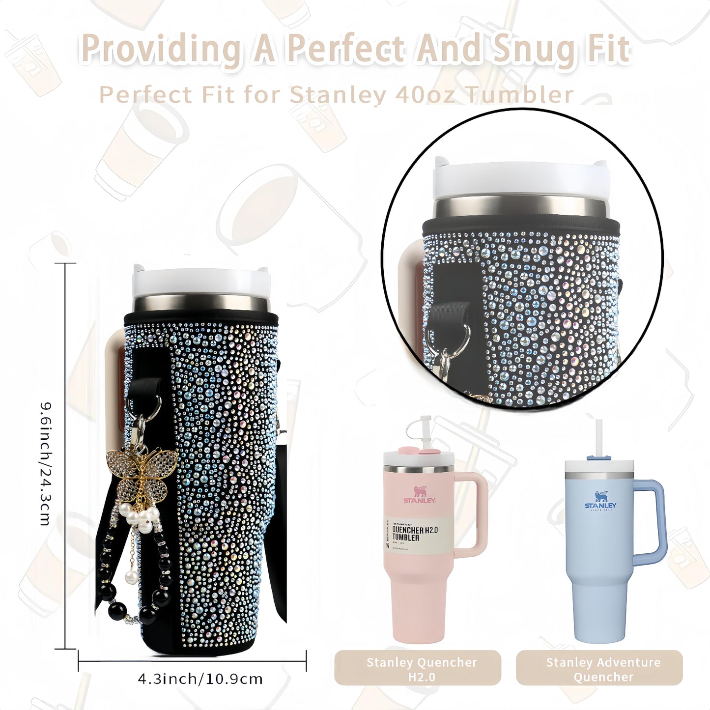 Water Bottle Carrier Bag for Stanley 40oz Tumbler - Stanley Cup Belt Bag with Adjustable Strap, Straw Cover & Pearl Bracelet - Stanley Cup Accessories(Black Diamond Pro)