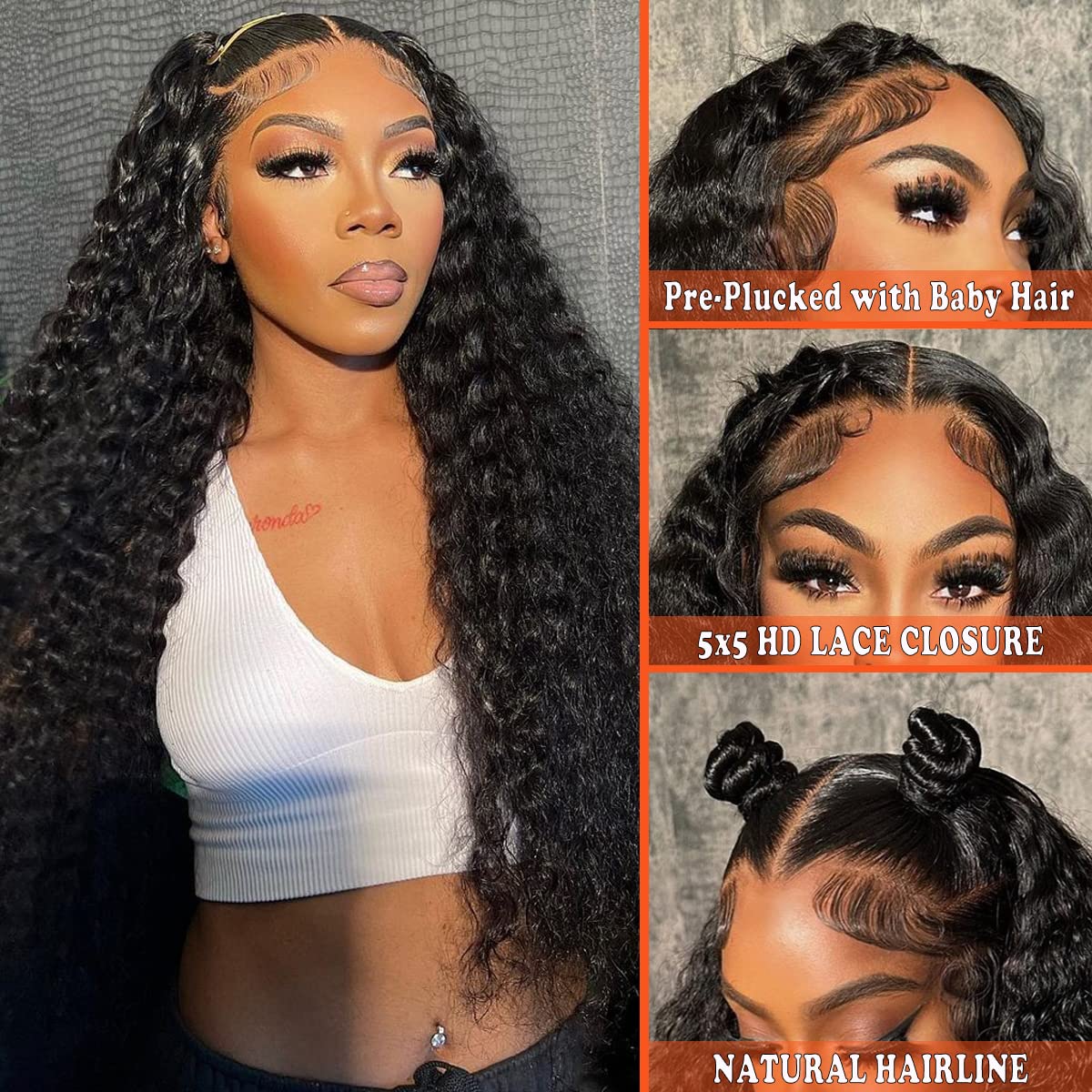 5x5 Lace Closure Wig Human Hair Deep Wave 5x5 HD Lace Closure Wigs for Women 200% Density Curly Lace Front Wig 100% Virgin Human Hair Pre Plucked Glueless Deep Curly Wig with Baby Hair 20 Inch