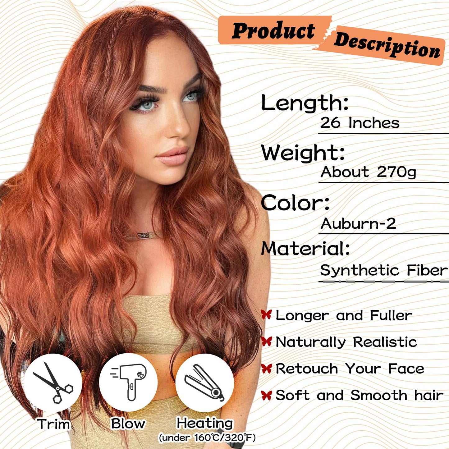 NAYOO Long Wavy Wigs for Women 26 Inch Middle Part Curly Wig Synthetic Heat Resistant Fiber Women Wigs for Daily Party Use (Auburn-2)