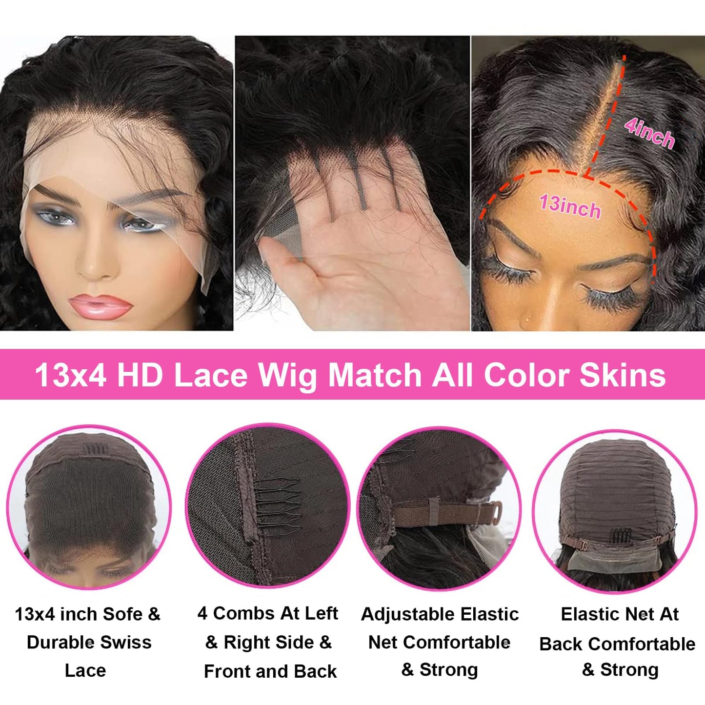 30Inch Deep Wave Lace Front Wigs Human Hair 13x4 HD Transparent Deep Curly Lace Frontal Wigs for Women Human Hair Pre Plucked with Baby Hair 180% Density Glueless Human Hair Wig Natural Color