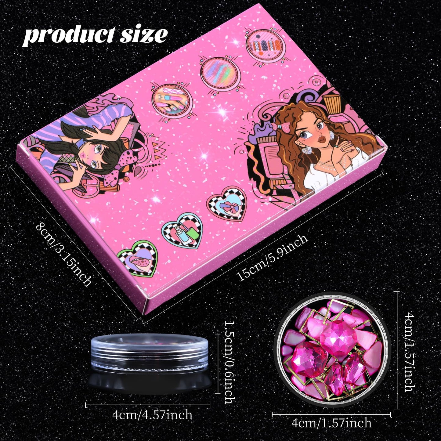 6 Wheels Mixed Sparkle Nail Art Rhinestones Diamonds Crystals Butterfly Beads Artificial Pearls Gold Silver Nail Studs Gems Metal Hollow Rivets Charms (Hot Pink)