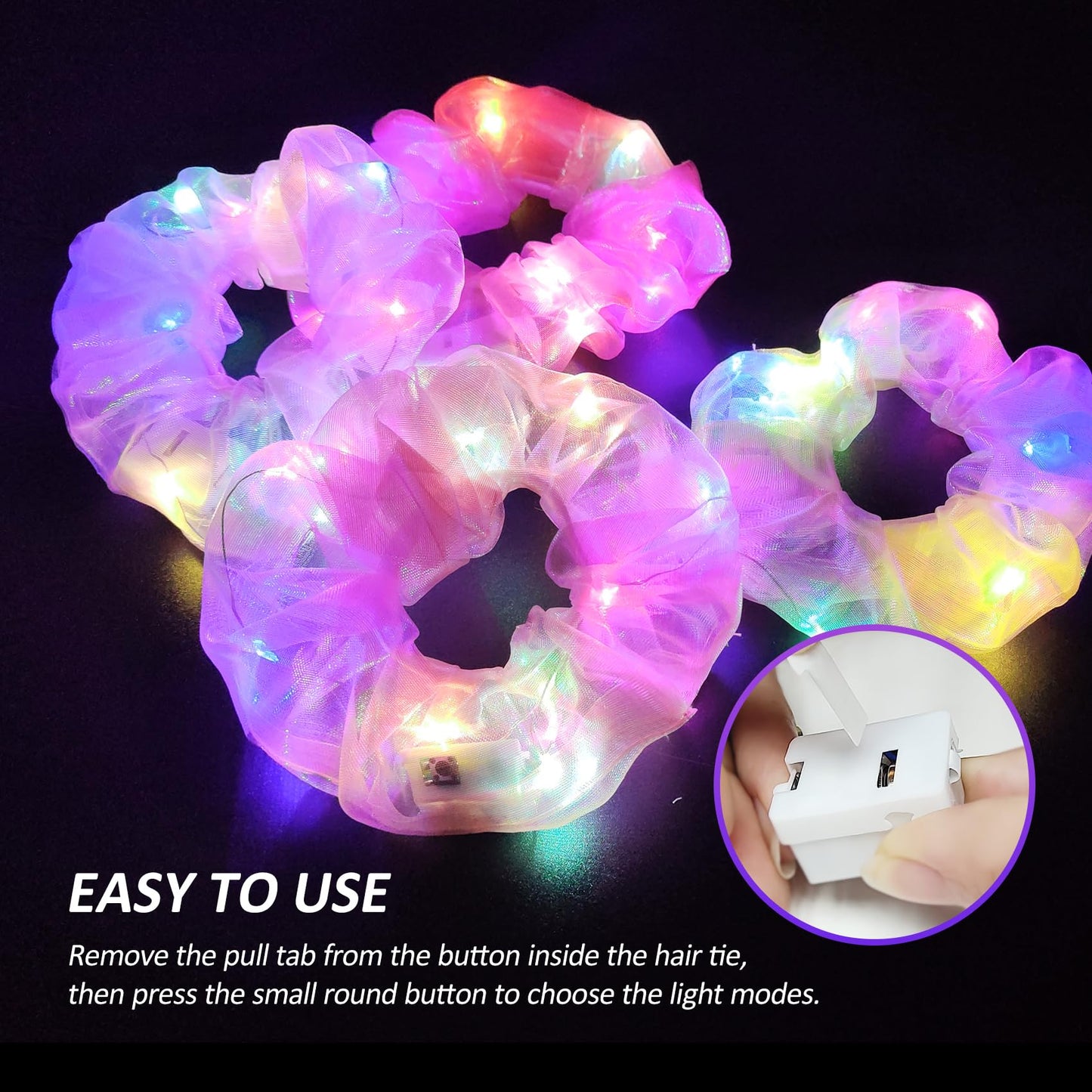 4Pcs Light Up Scrunchies Hair Tie, Pink LED Scrunchy Rave Hair Accessories for Women & Girls, Glow in the Dark Party Supplies Sleepover Party Favor Festival Accessory for Easter Basket Stuffers