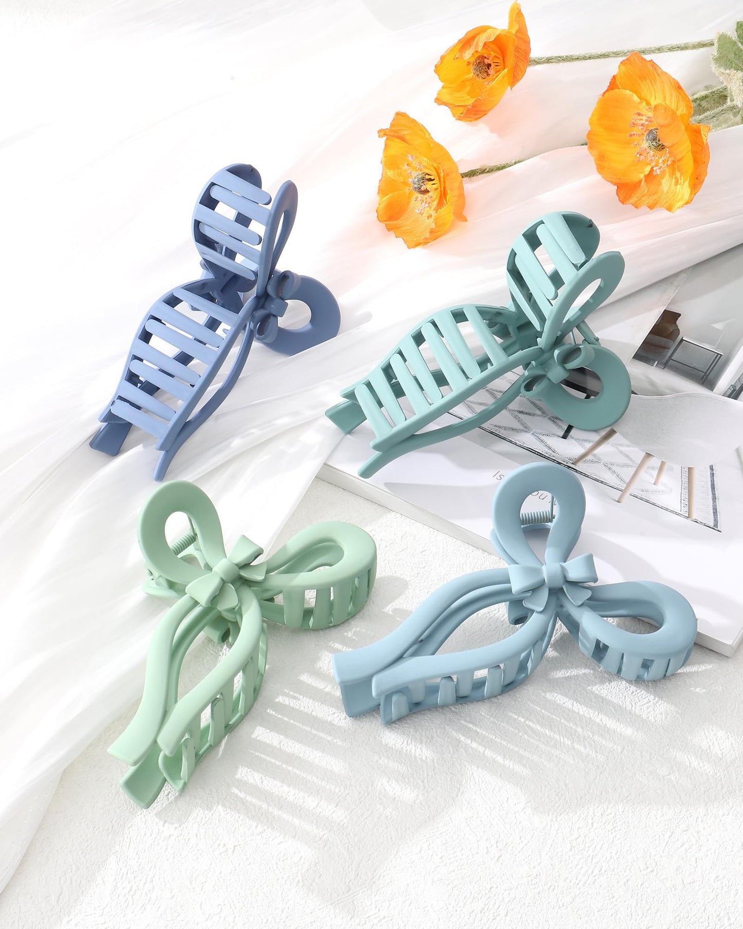 4 PCS Bow Hair Clips for Women Bow Claw Clip 5" Large Hair Claw Clips for Thick and Thin Hair Cute Bows Jaw Clip (Light Blue + Blue + Light Green + Lake Blue)