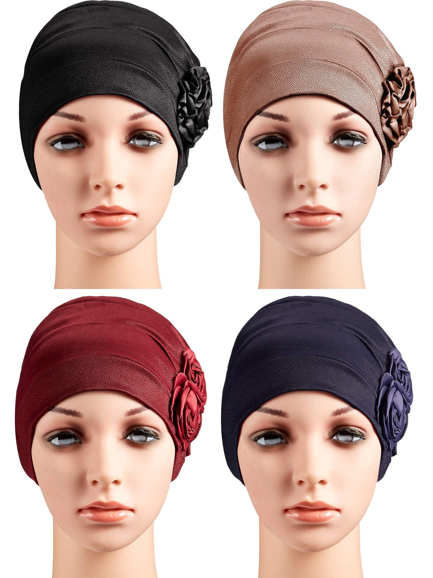 4 Pieces African Head Wrap Flower Turban Hats for Women (Khaki, Black, Wine Red, Navy Blue)