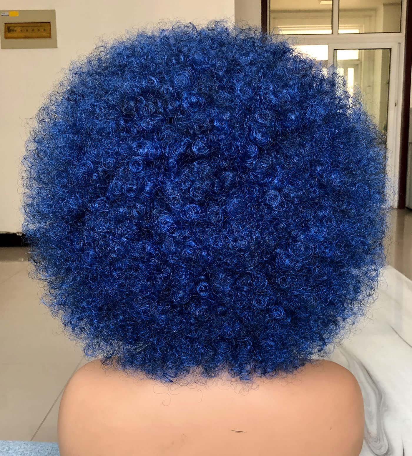 HIHOO Short Afro Wig with Bangs for Black Women Afro Kinky Curly Wig 70s Premium Synthetic Big Afro Wig(Blue)