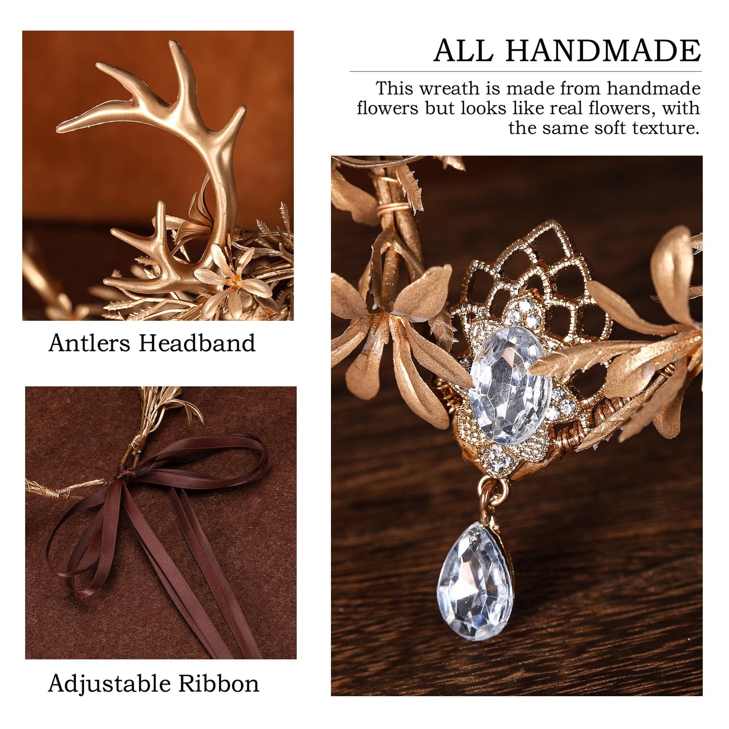 MOSTORY Gold Fairy Antler Crown - Woodland Flower Deer Horns Headpiece Elf Forest Ciecle for Women Renaissance Cosplay Renfaire Outfit Hallween Costume