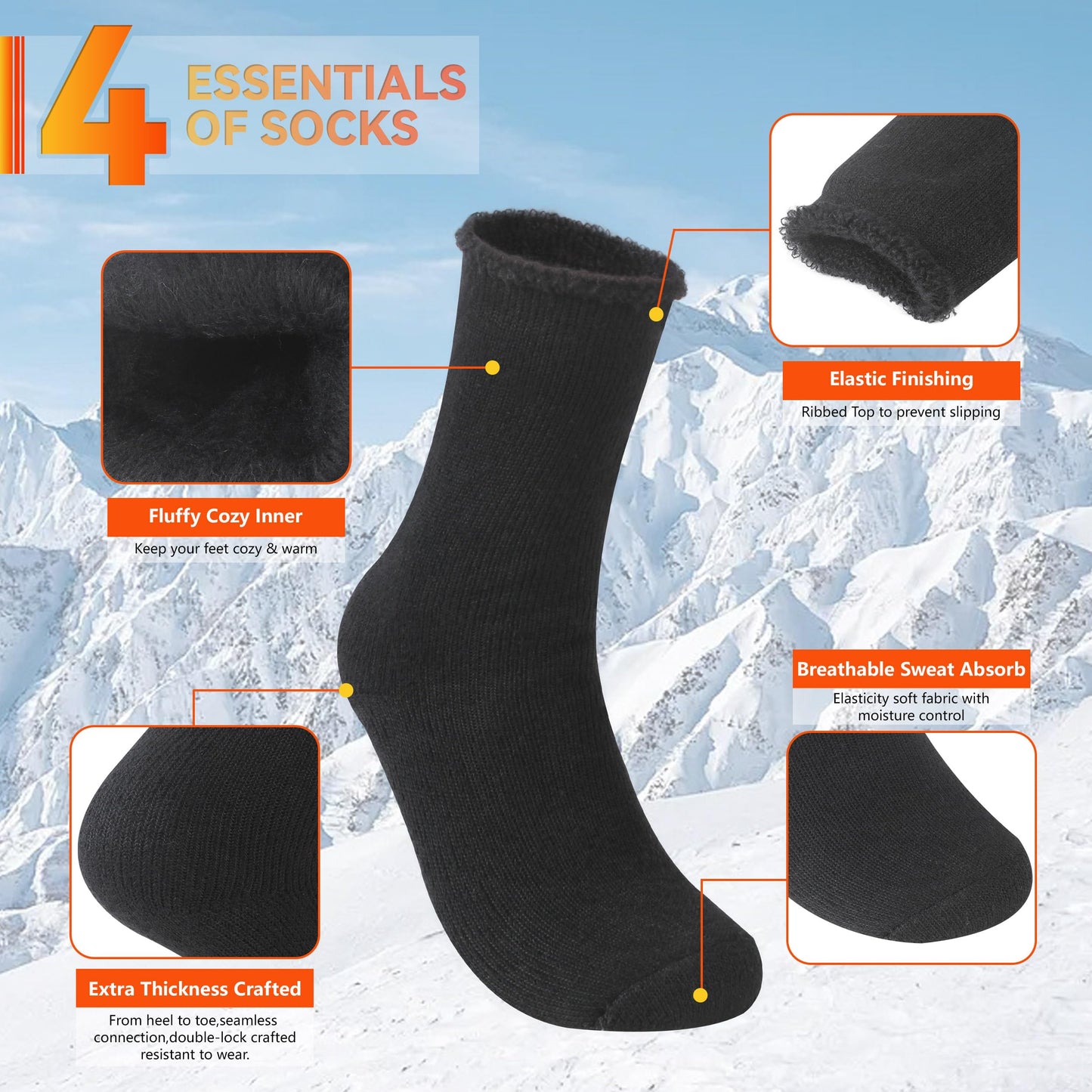 Sunew Heat Warm Thermal Socks 4 Pack, Womens' Mens Heated Socks for Hunting Winter Outdoor Comfortable Skiing Snowboarding Hiking Working Thermal Snow Socks Men Socks for Cold Weather Black Large