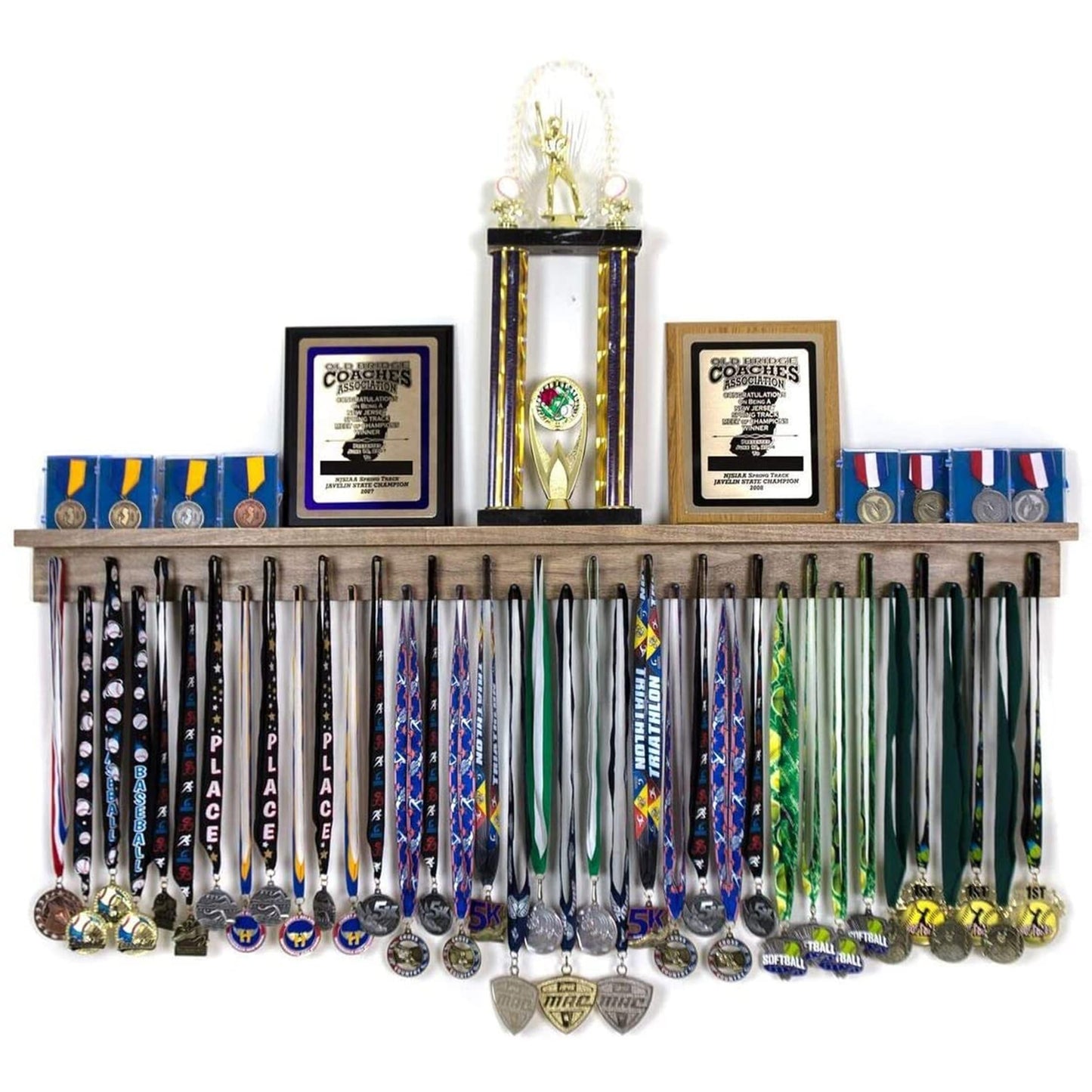46.5"- Medal Awards Rack- The Largest Trophy Shelf and Medal Hanger Display - Multi-Sport Trophy and Medal Holder for Medal Display, Plaques, Pictures, Trophies, and More. Solid Wood