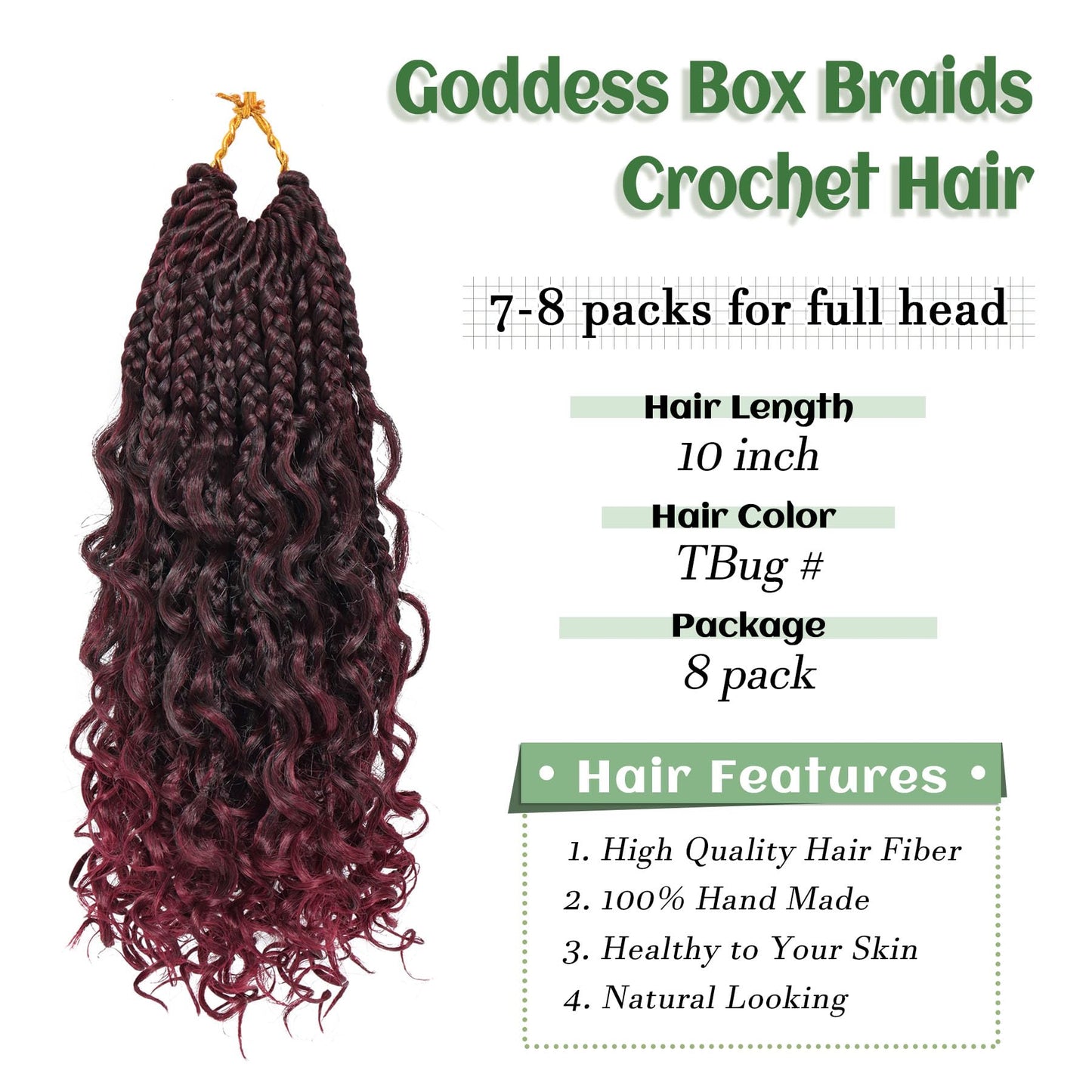 Goddess Box Braids Crochet Hair 10 Inch 8 Packs Pre-looped Bohemian Crochet Boho Box Braids With Curly Ends Red Burgundy 3X Crochet Braids Hair for Women Synthetic Braiding Hair (10 inch, TBUG)