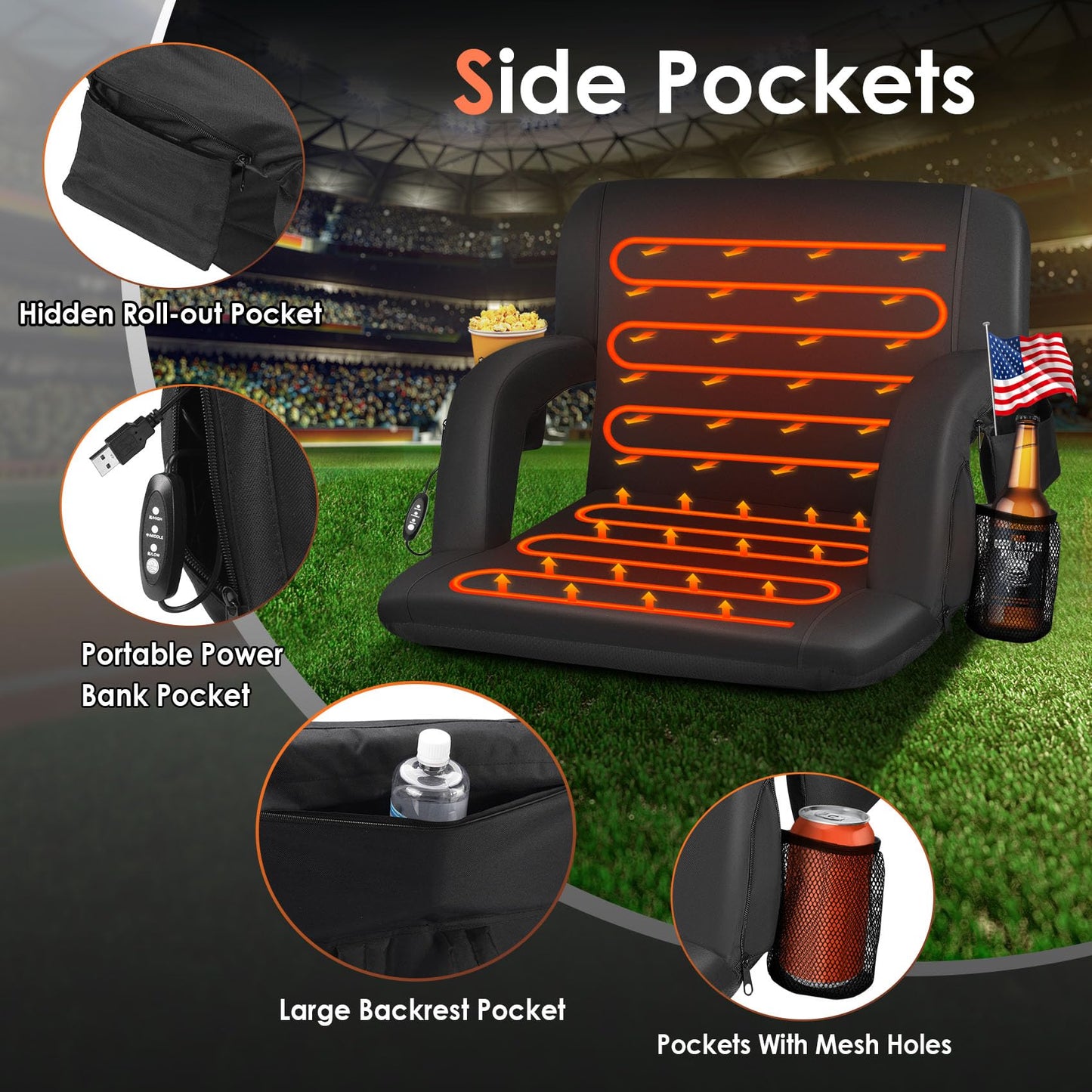 2pcs Double Heated Stadium Seats for Bleachers with Back Support 21" Wide Cushion, Extra Portable Bleacher Seat Foldable Stadium Chair, USB 3 Levels Heat, 5 Pockets for Outdoor Camping Games Sports