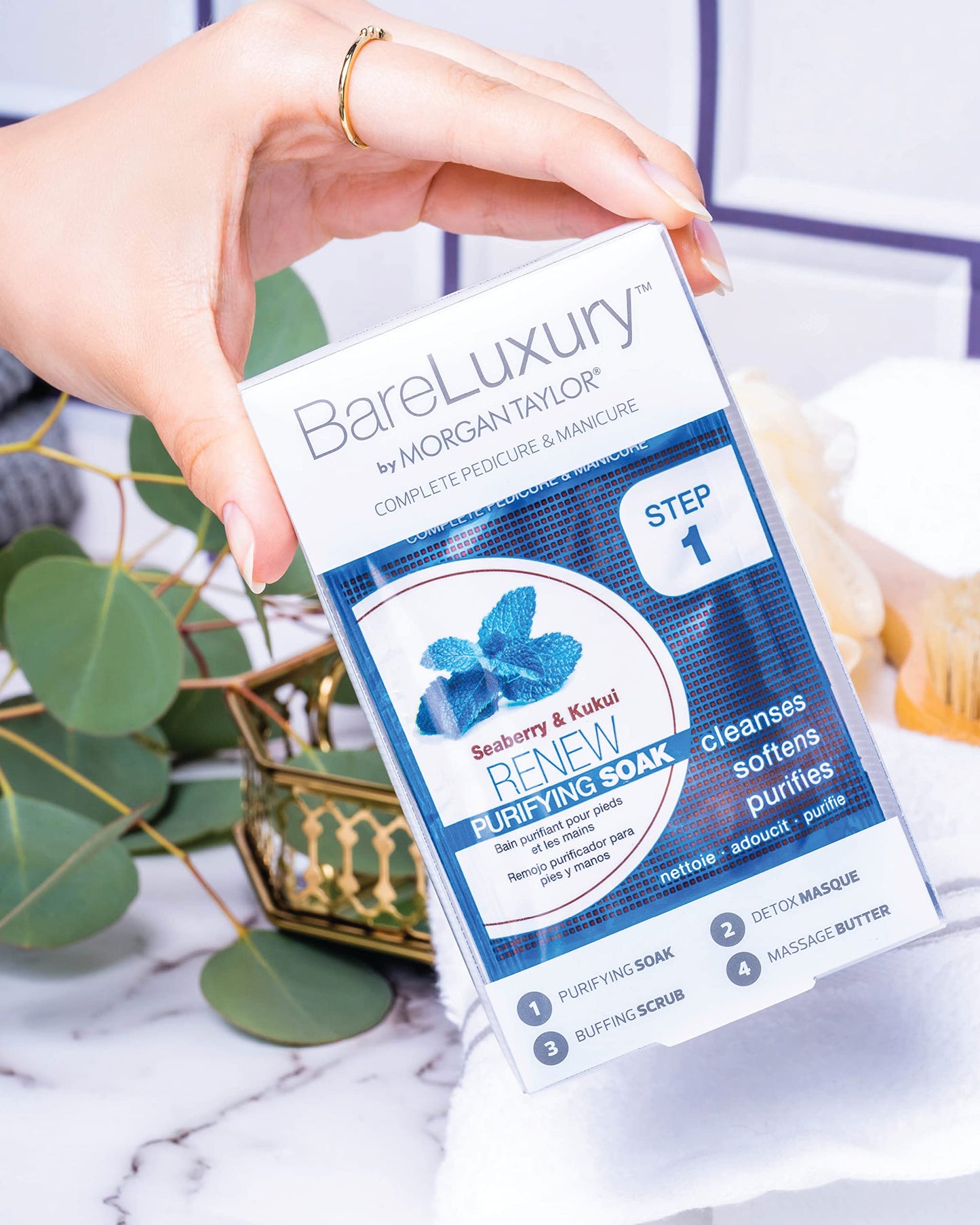 Morgan Taylor BareLuxury 4-Step Complete Pedicure & Manicure Packs (Renew Seaberry & Kukui) - Complete Nail Care Kit with Soak, Masque, Scrub & Massage Butter, Professional Spa-Quality Treatments.