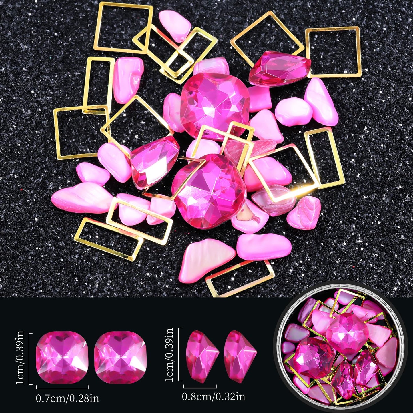 6 Wheels Mixed Sparkle Nail Art Rhinestones Diamonds Crystals Butterfly Beads Artificial Pearls Gold Silver Nail Studs Gems Metal Hollow Rivets Charms (Hot Pink)