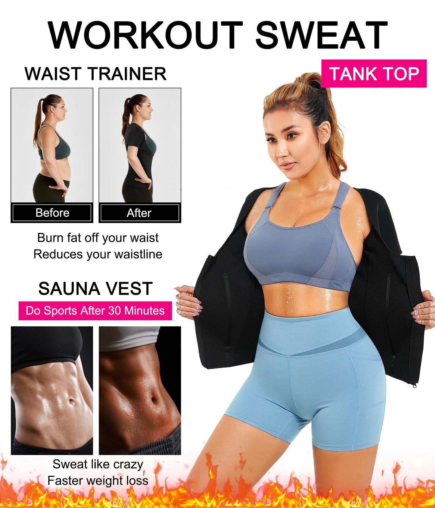 Nebility Womens' Sauna Sweat Vest Weight Loss Workout Waist Trainer (Zipper Short Sleeves, Small)