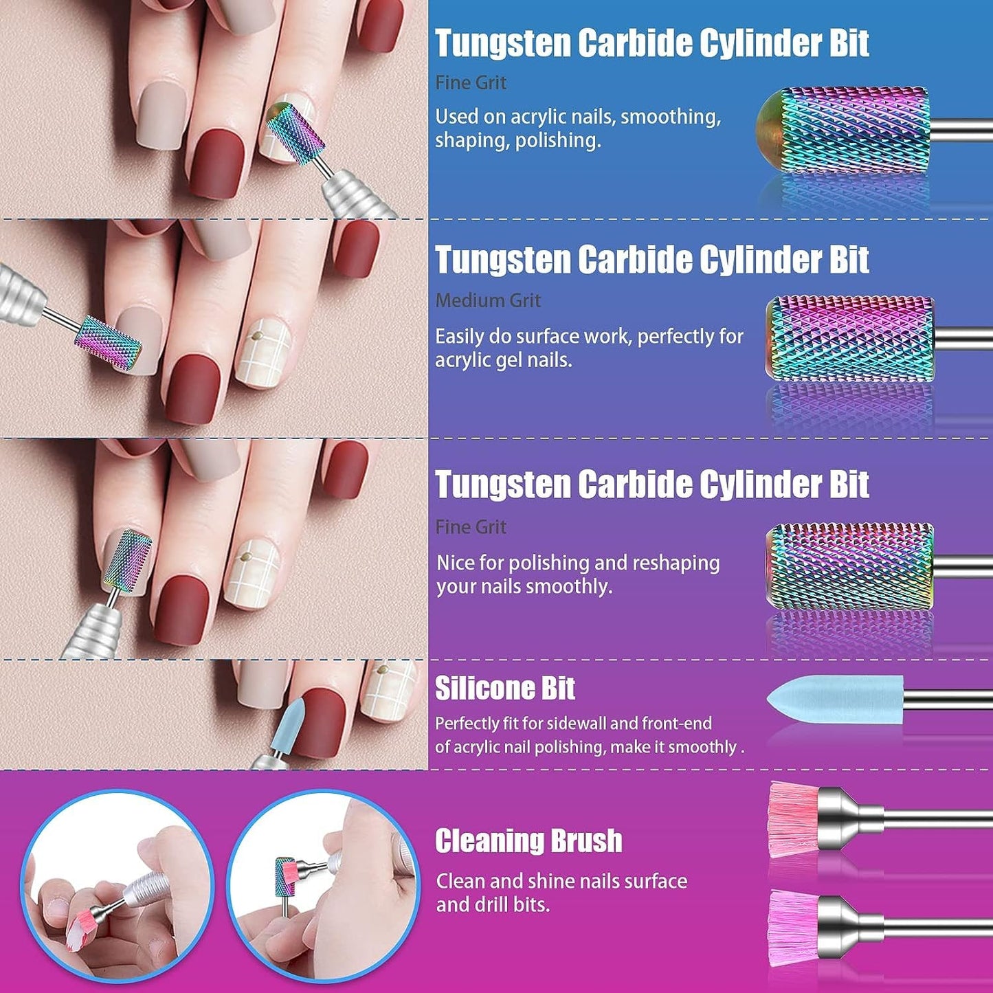 25Pcs Nail Drill Bits Set with Silver Holder and 50Pcs 8 Colors Sanding Bands, Tungsten Carbide Ceramic Diamond 3/32 inch Nail Drill Bits Remove Acrylic Poly Nail Gel Nail Polish
