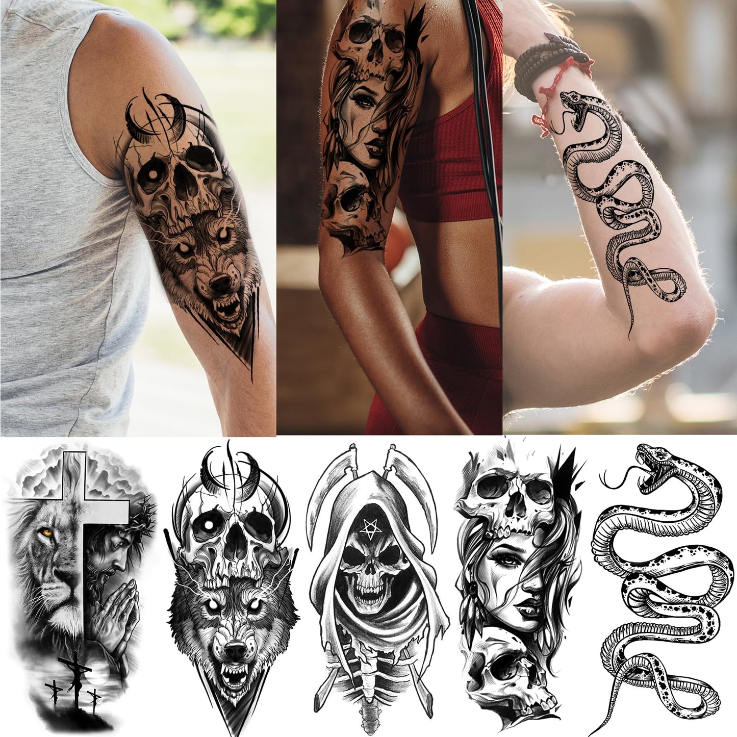 52 Sheets Black Halloween Temporary Tattoos for Kids Men Women, Include 10 Sheets Large Half Arm Sleeve Fake Tattoos, 200+ PCS Spider Snake Tiger Lion Skull Bat Vampire Scar Halloween Tattoos