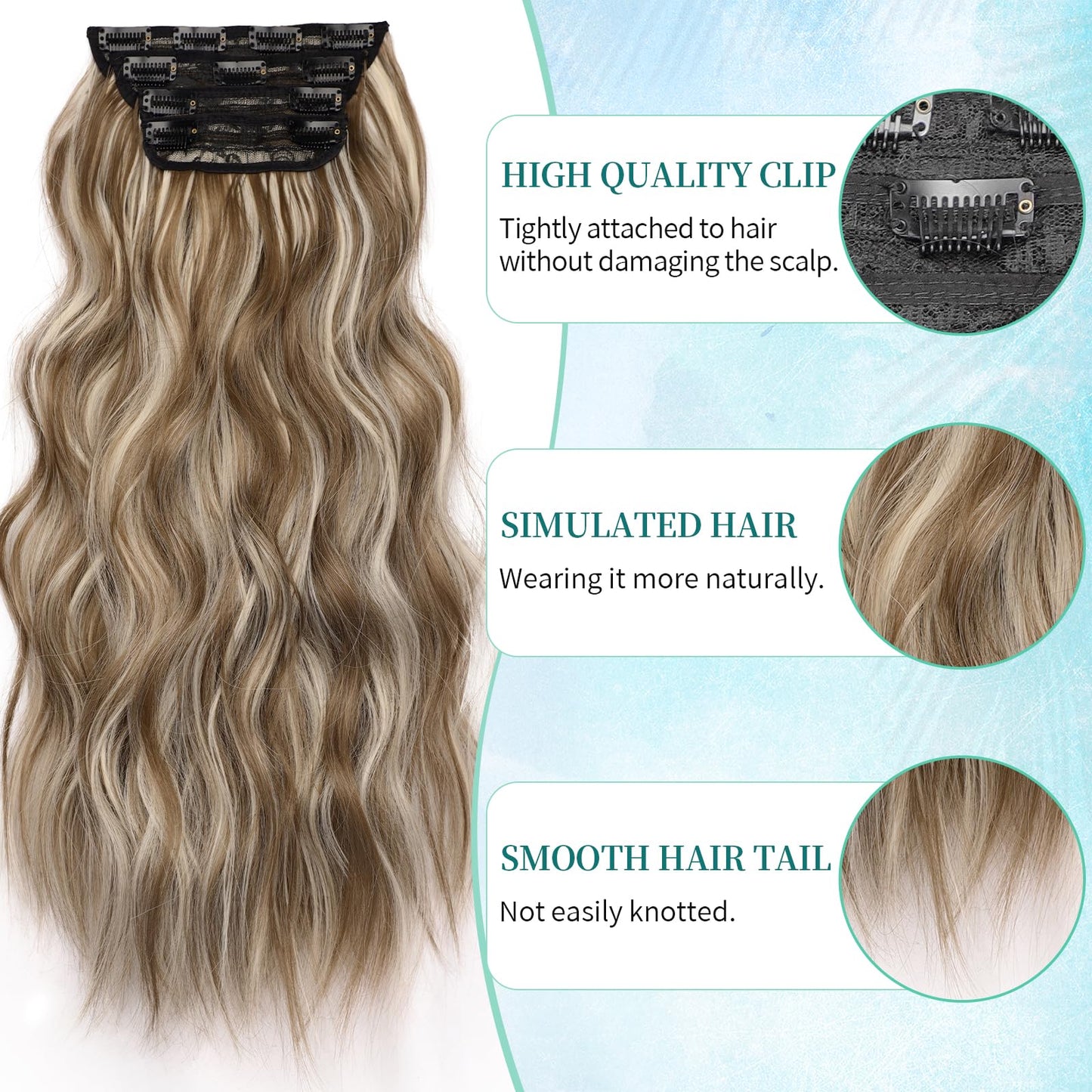KooKaStyle Clip in Synthetic Hair Extensions Long Wavy 4PCS Thick Hairpieces Brown mix Ash Blonde P10/88 Fiber Double Weft Natural Hair Extensions 20 Inch for Women