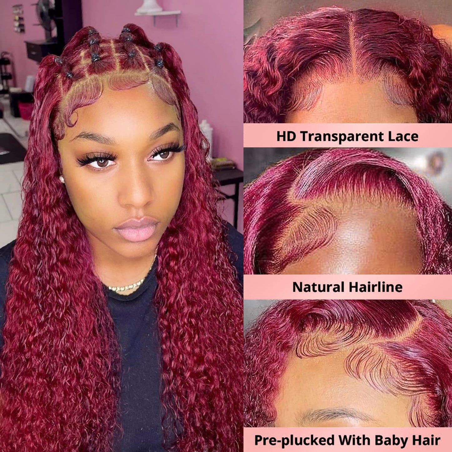 200 Density Curly Burgundy Lace Front Wigs Human Hair 13x4 99J Red Curly Lace Front Wig Human Hair HD Transparent Frontal Wig Colored Pre Plucked with Baby Hair Glueless Wigs (24 Inch, #99J Curly)